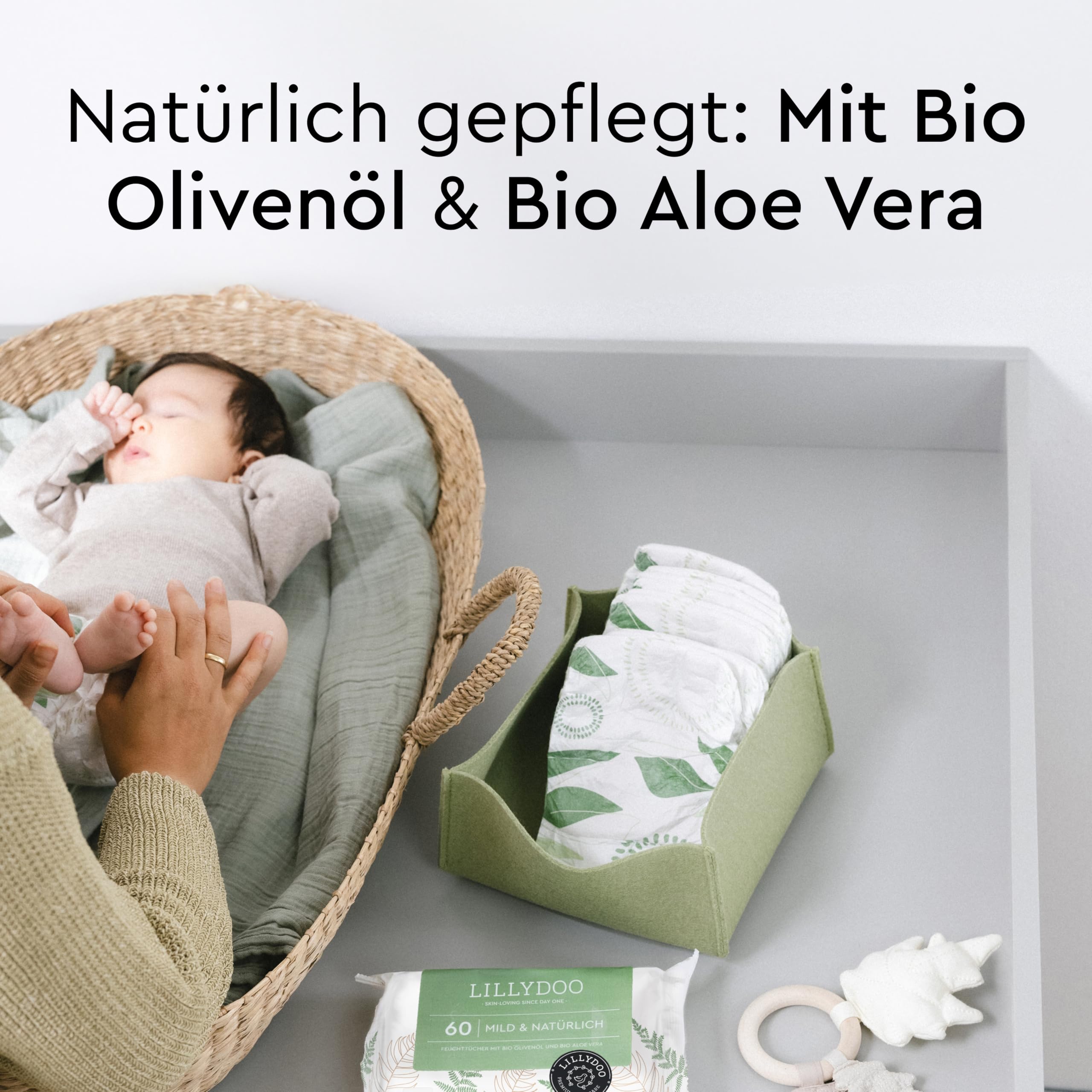 LILLYDOO green Feuchttücher, 600 Stück (10 x 60), 100% plastikfreies, reißfestes Tuch - ohne Parfüme, mild & natürlich, sanft reinigend für empfindliche Haut, Dermatologisch getestet