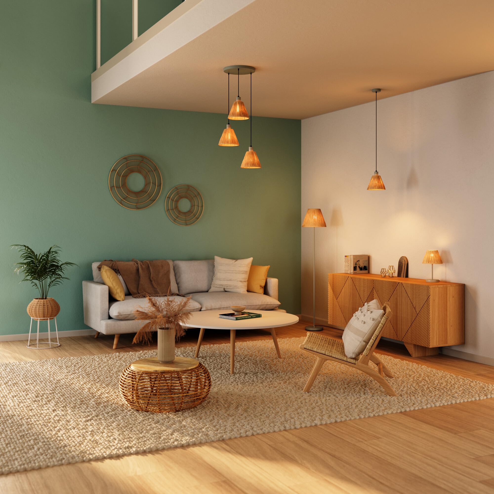 LEDVANCE a 3 luci Decor Rafia Plate verde in rafia e metallo, E27, diametro 430 mm, paralume in materiale riciclato, sostenibile grazie alla sorgente luminosa sostituibile, facile da installare