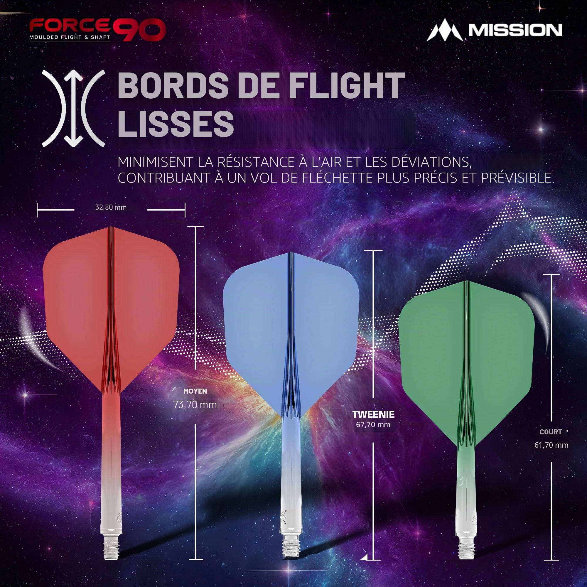Mission Darts Force 90 | Ailettes et tiges de fléchettes moulées avec précision intégrées, lot de 3 ailettes et tiges professionnelles hautement durables 2 en 1 | Standard n°6