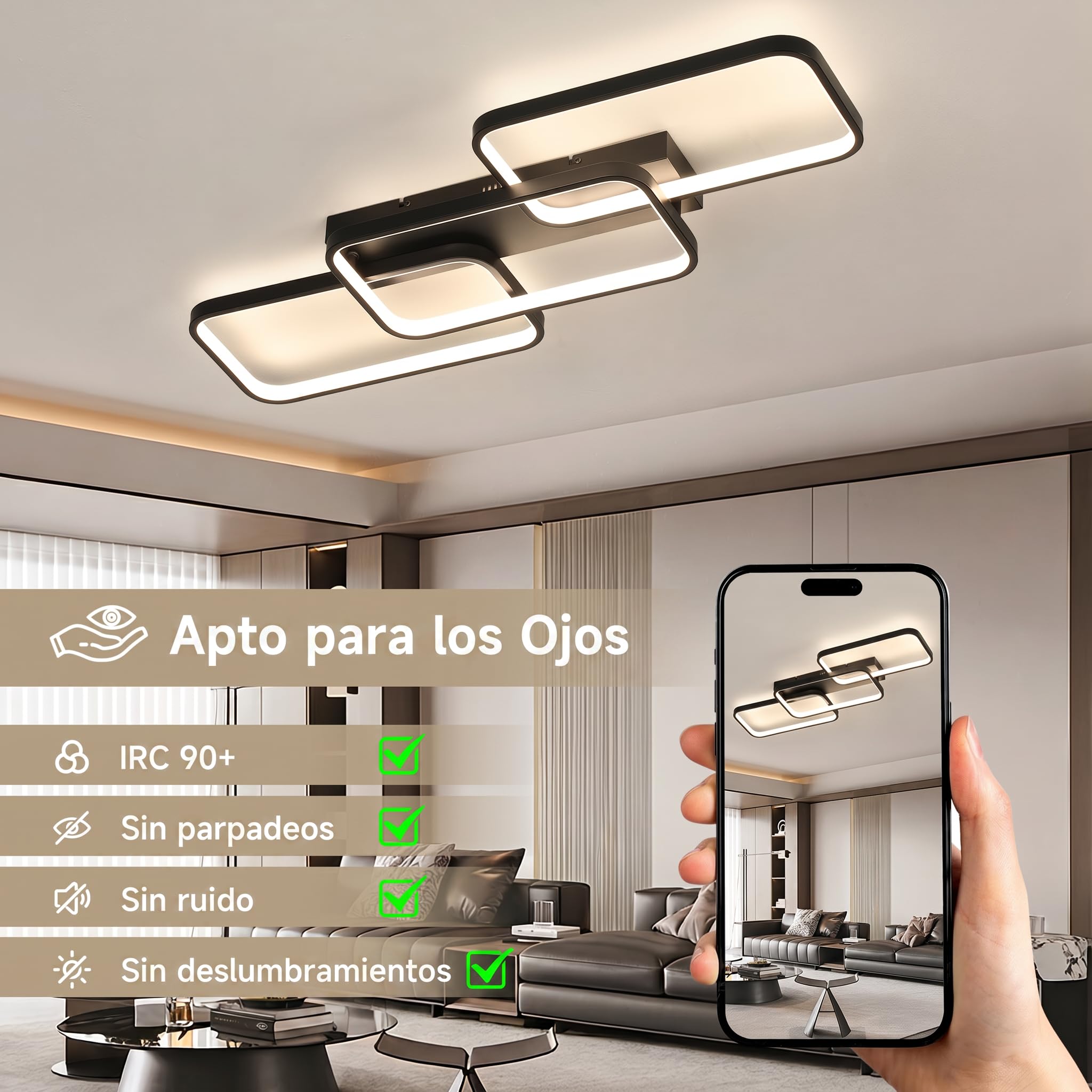 OTREN Lámpara Techo Salón Regulable Moderno 82cm 60W 6000LM, 3000K-6500K con Mando a Distancia, Plafón LED Negro con Memoria y Luz Nocturna para Dormitorio, Cocina y Comedor