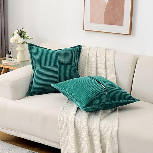 Miniatura 4 de Juego de 2 fundas de almohada de 18 x 18 pulgadas, pana suave y sólida a rayas  borde ancho, fundas de cojín cuadradas decorativas, decoración de