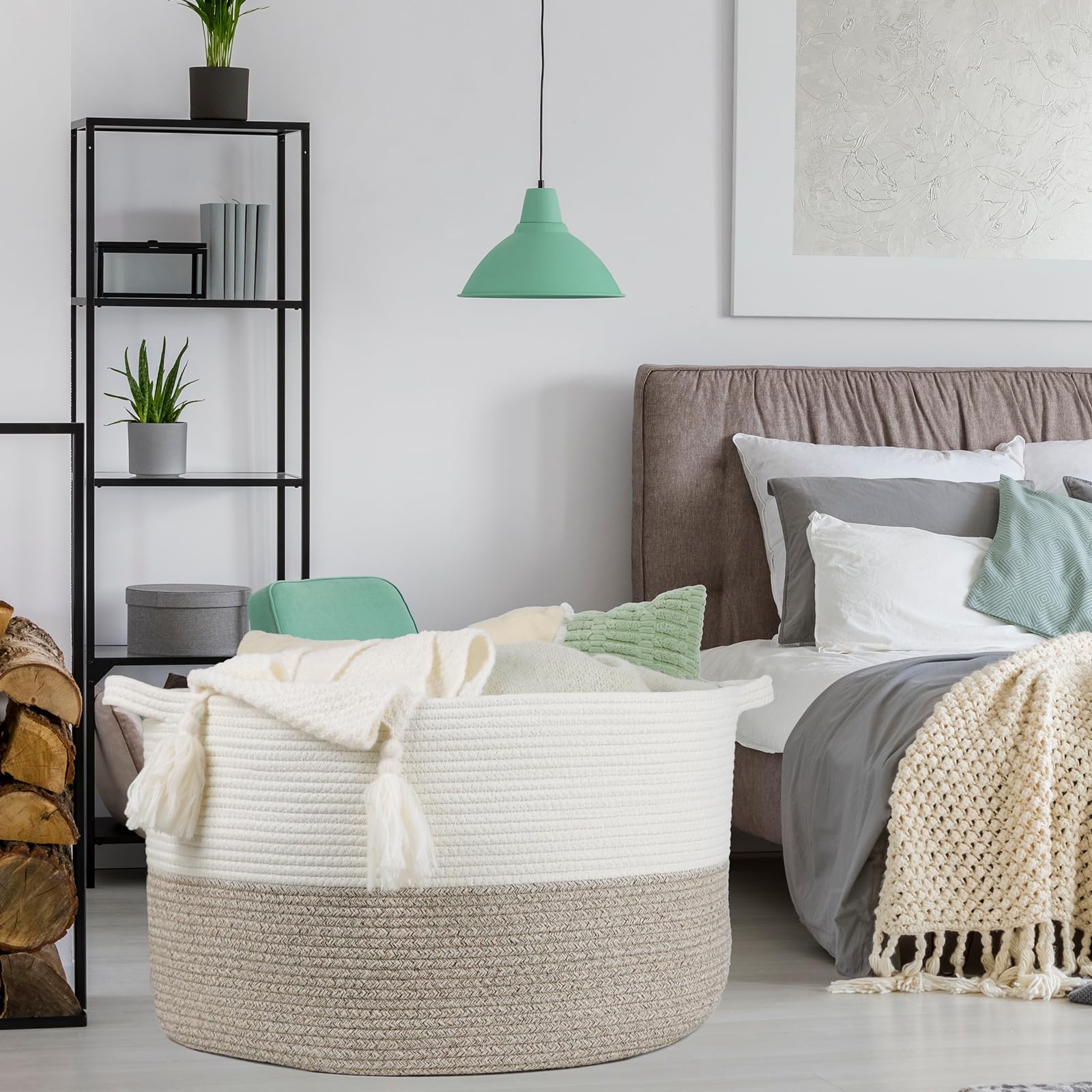 VECELO Large Round Storage Basket With Handles - 21.7x13.8 Woven Cotton Rope Basket For Blankets, Toys & Laundry - Jute/Black