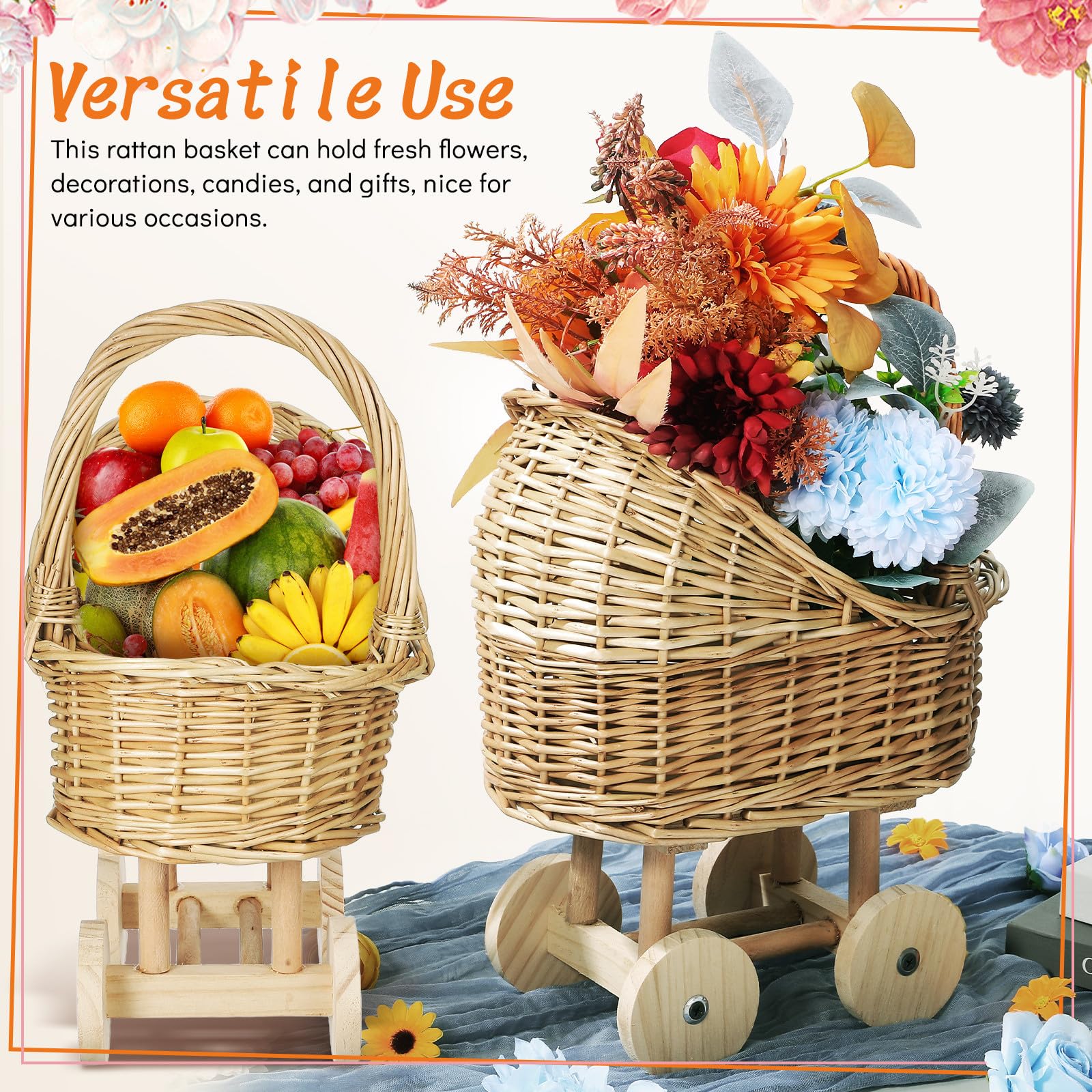 Cabilock Handgeflochtener Rattankorb Mit Griff, Kinderwagenförmiger Blumenkorb Für Blumenmädchen, Korb Für Hochzeitsdeko, Babyparty Geschenkekorb, Dekorativer Blumenkorb