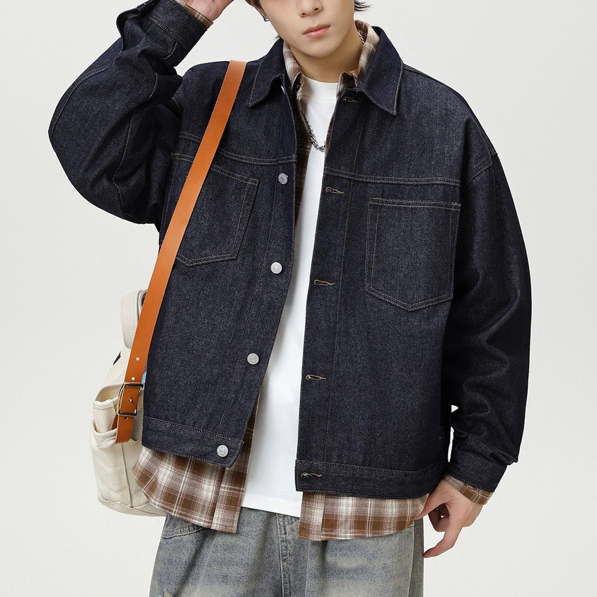 Giacca da uomo in denim con tasche | Colletto classico da camionista con risvolto,Button Down,Leggero basso elasticizzato,Vestibilità ampia squadrata rilassata