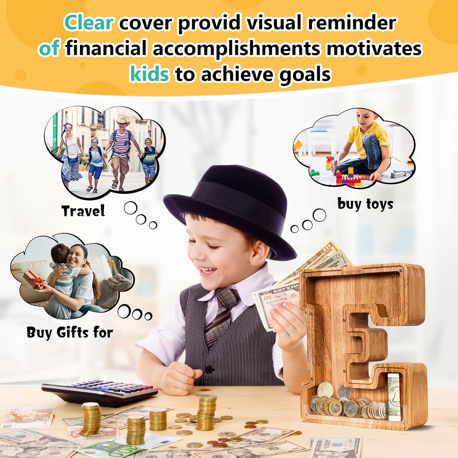 ELX Wooden Piggy Bank for Kids Boys, Personalized Letter Money Bank, Safe & Durable Savings Box for Toddlers Girls, Gifts for Birthday Holiday Christmas image 3