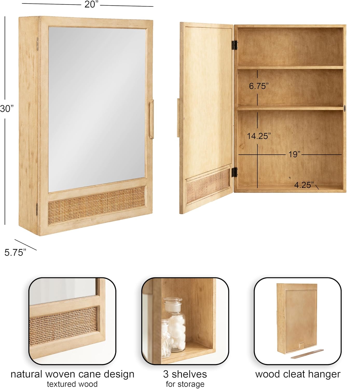 Kate and Laurel Ori Decorative Modern Rectangle Rattan Bathroom Cabinet with Mirror, 20 x 6 x 30, Natural, Woven Cane Bathroom Mirror with Storage for Bath Medicine Cabinet or Over-the-Toilet Storage