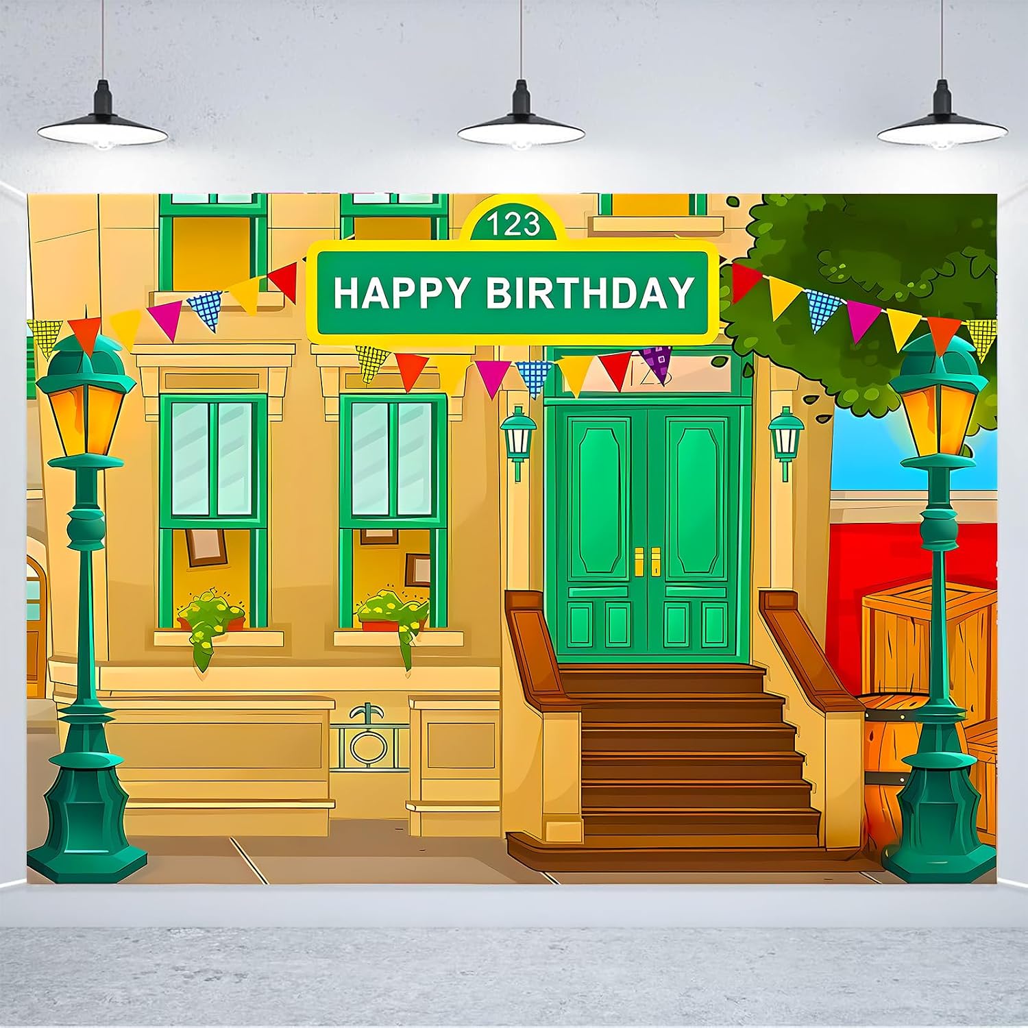 Photography Backdrop Happy Birthday Cartoon Street Theme Brick Wall Children's Party Baby Shower Decoration Photo Booth Props 7 x 5 Ft