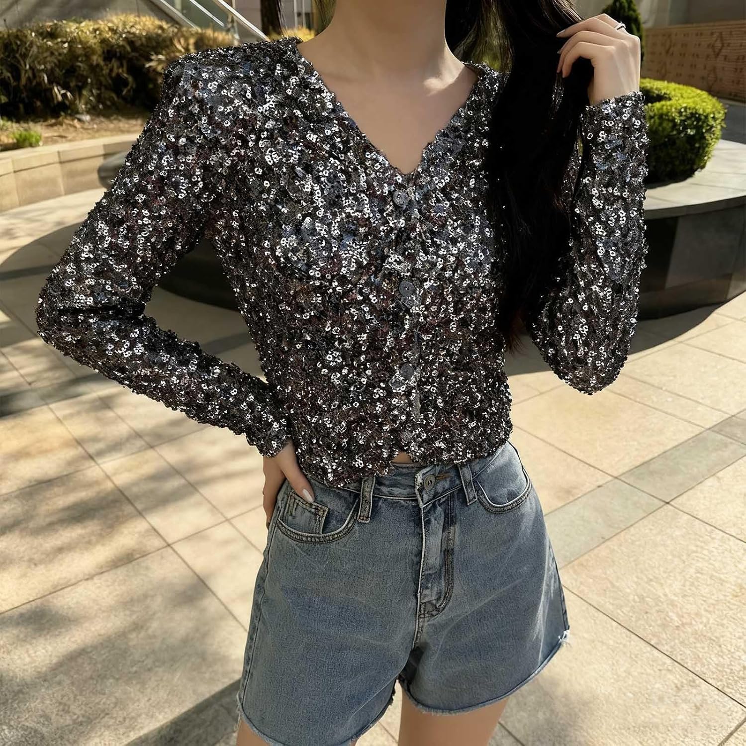 Women Sequins Long Sleeve Shirt Fashion V Neck Full Glitter Blouse Sparkle Decoration Crop Tops Casual Cocktail Shirts