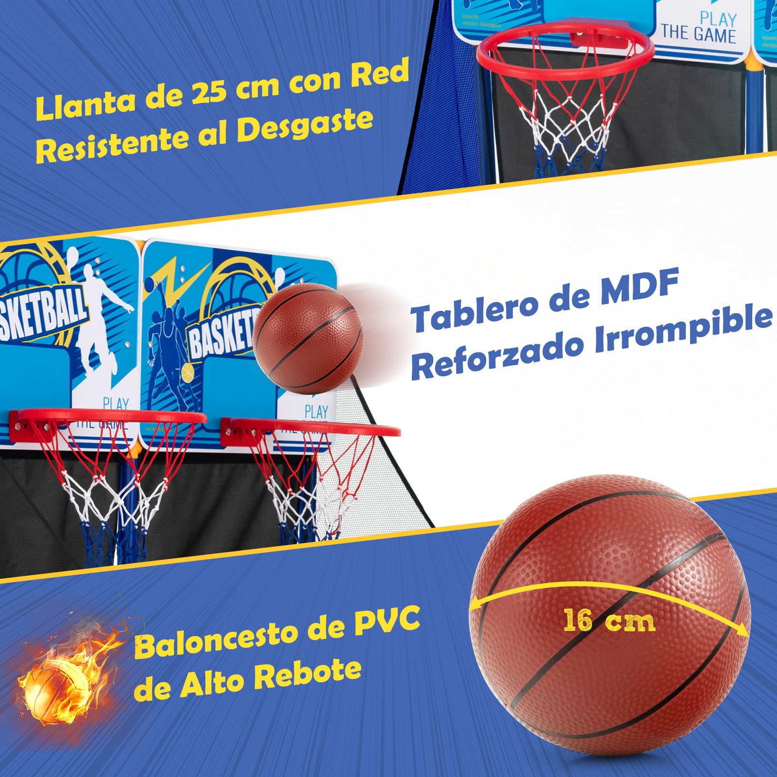 GYMAX Niños Arcade - Canasta de Baloncesto con Soporte, Juego de Baloncesto para 2 Jugadores, Incluye 2 Cestas, 4 Bolas, Bomba, Aro de Baloncesto para Interior