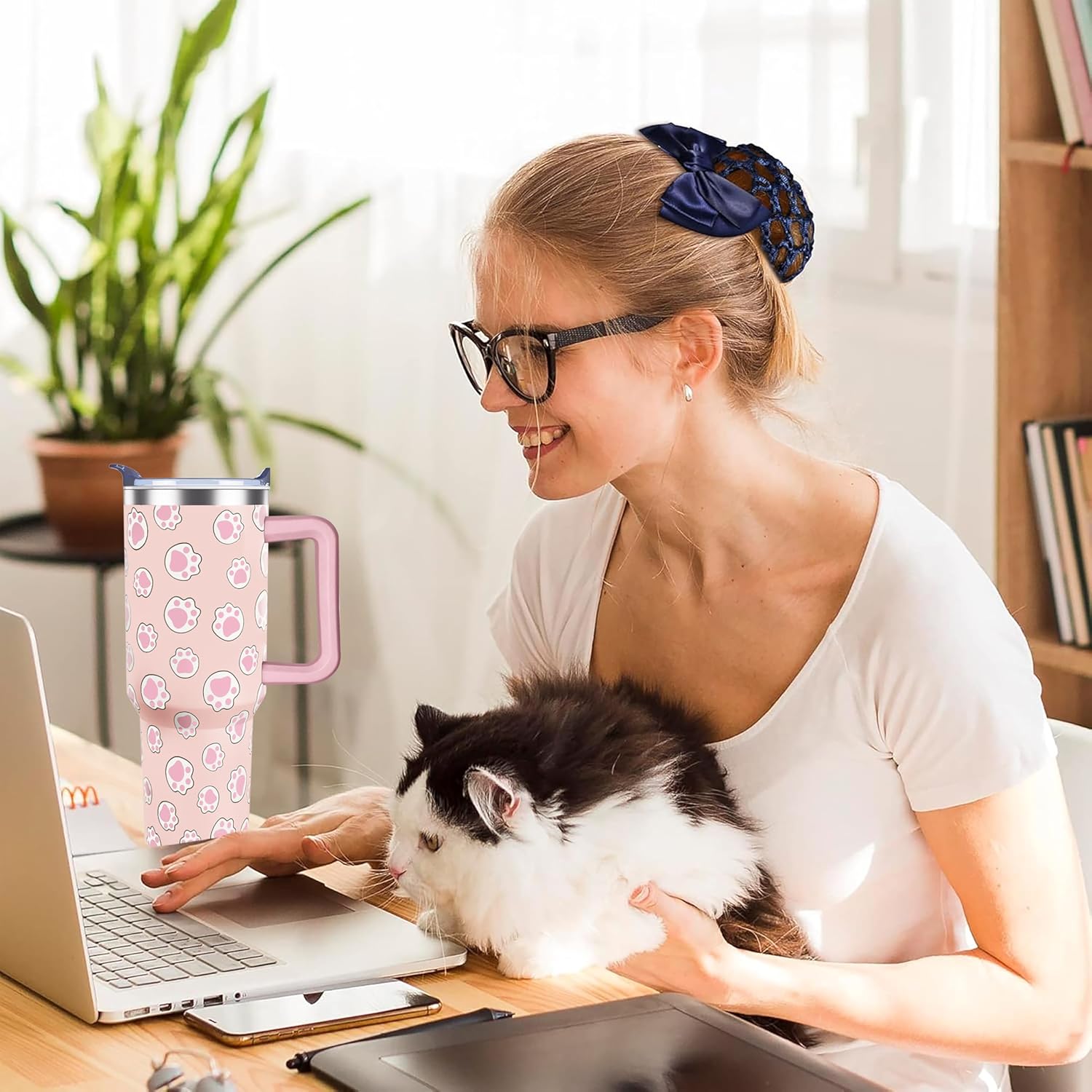 40 oz Cute Cat Tumbler with Handle and Straw Lid cat gifts for cat lovers for Women Double Insulated Cup Travel Coffee Mug - Image 2