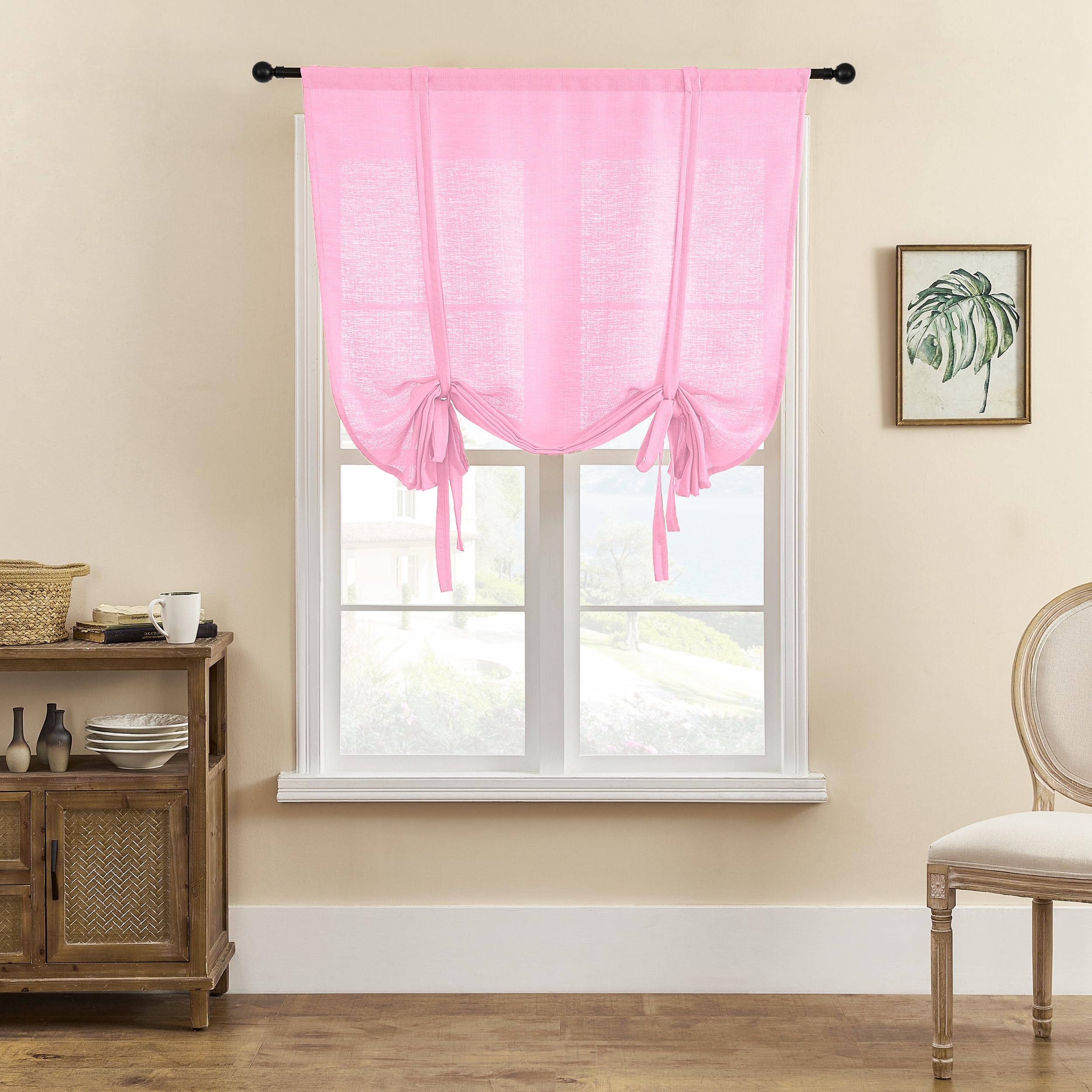 SIMPVALE 1 Piece Roman Blinds Tulle Tie Up Sheer Curtains with Rod Pocket Translucent Voile Curtain for Living Room Bedroom Balcony Kitchen Bathroom, Pink, 120x120cm
