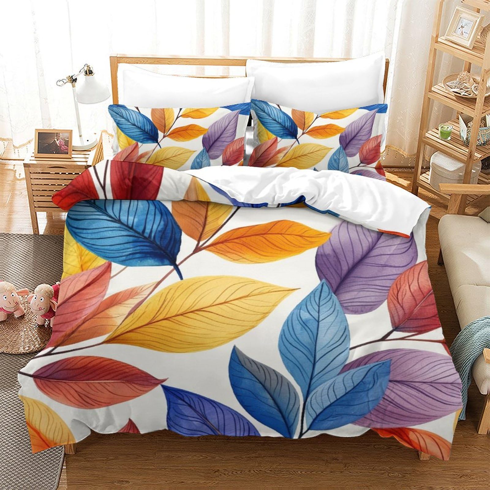 Housse de couette 200x200 imprimé feuilles 3D en microfibre résistante sans repassage