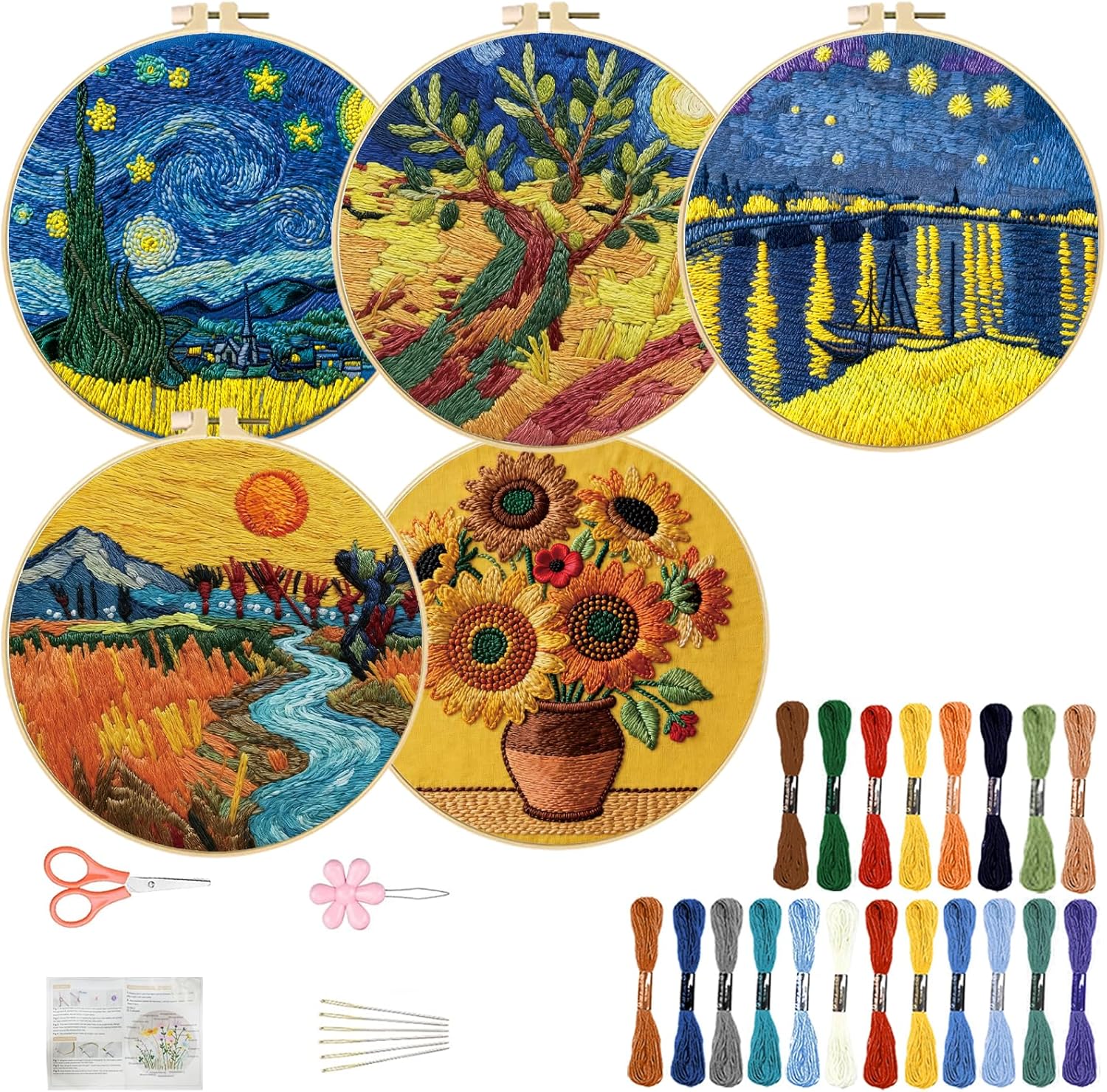 FREEBLOSS 5 Sets Embroidery Kit for Beginners Needlepoint Embroidery Starter Kit with Oil Painting Style Stamped Patterns, Instructions, Colored Threads, 2 Hoops 11.6"/29.5cm