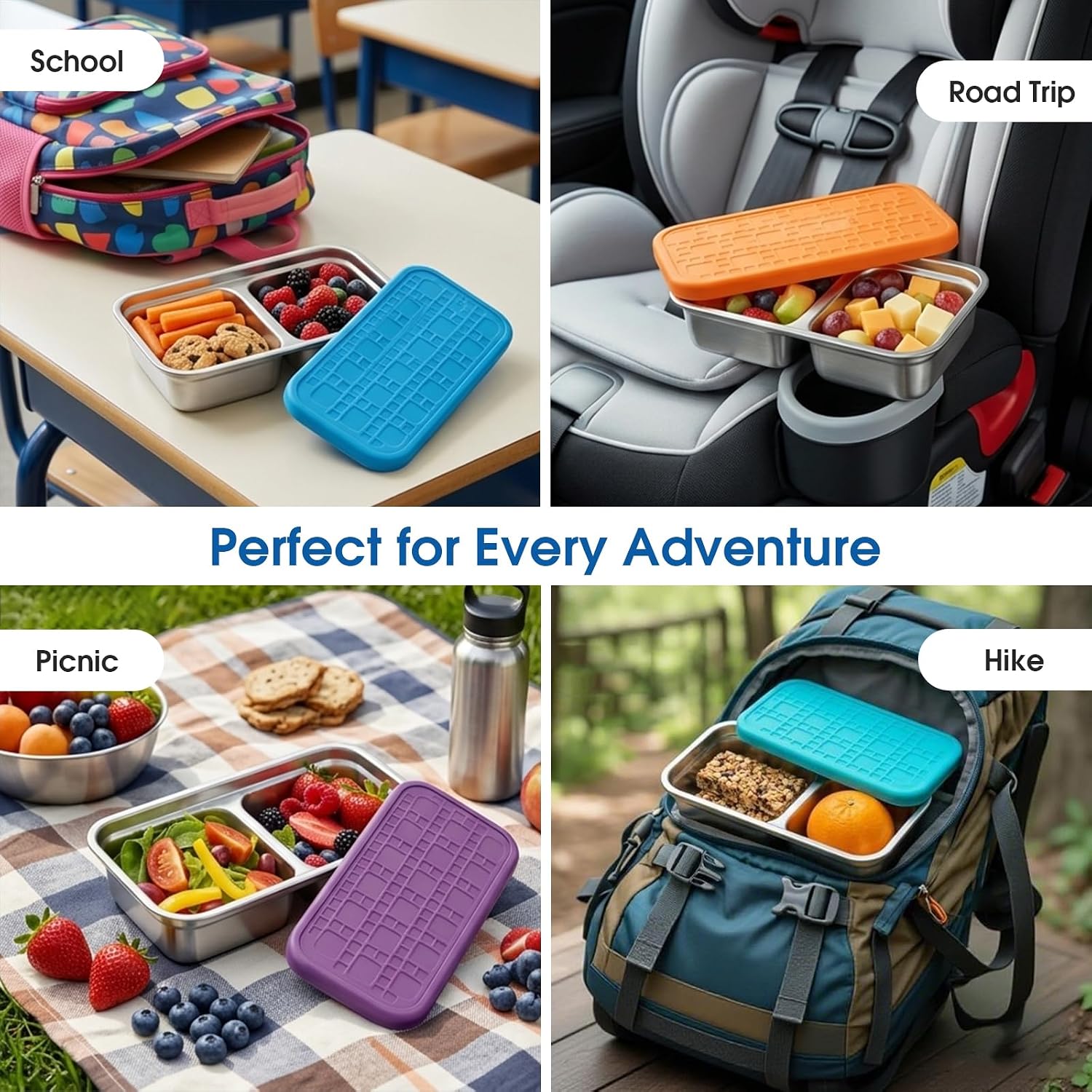 12 Pack Stainless Steel Snack Containers for Kids, 2 Compartment Leak-Proof with Silicone Lid & Dishwasher Safe, 304 Food Grade Reusable for Travel, School, Camping, Outdoor