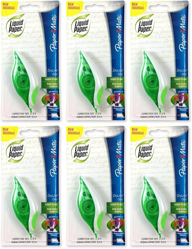 660415 Dispensador de cinta correctora de agarre DryLine de papel líquido, paquete de 6, cuerpo verde transparente, cinta blanca de 1/5 pulgadas de ancho x 27.8 pies de largo - Se aplica en seco, se reescribe al instante - Punta giratoria