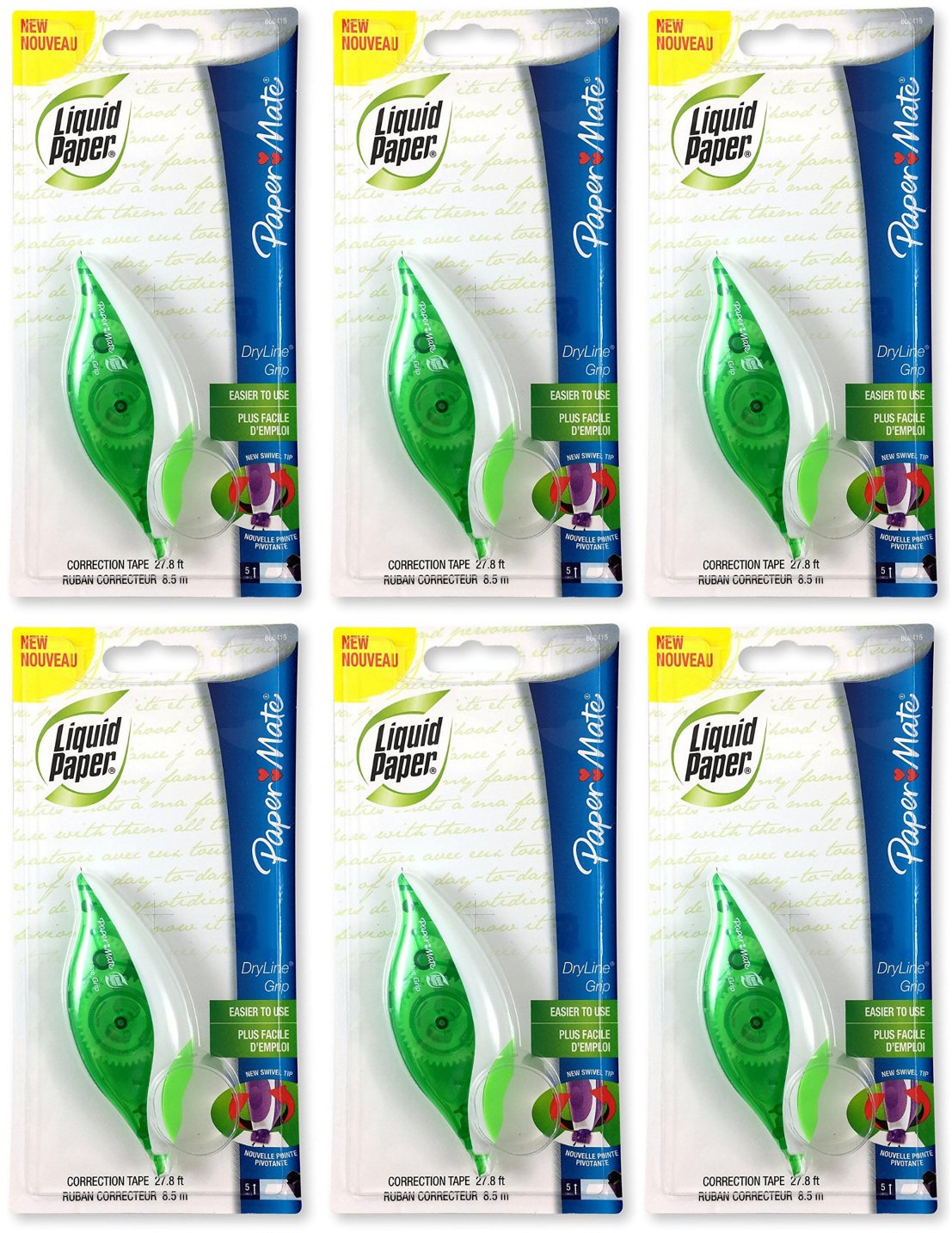 Paper Mate 660415 Liquid Paper DryLine Grip Correction Tape Dispenser, Pack of 6, Transparent Green Body, 1/5 inches Wide x 27.8 feet Long White Tape - Applies Dry, Rewrite Instantly - Swivel Tip