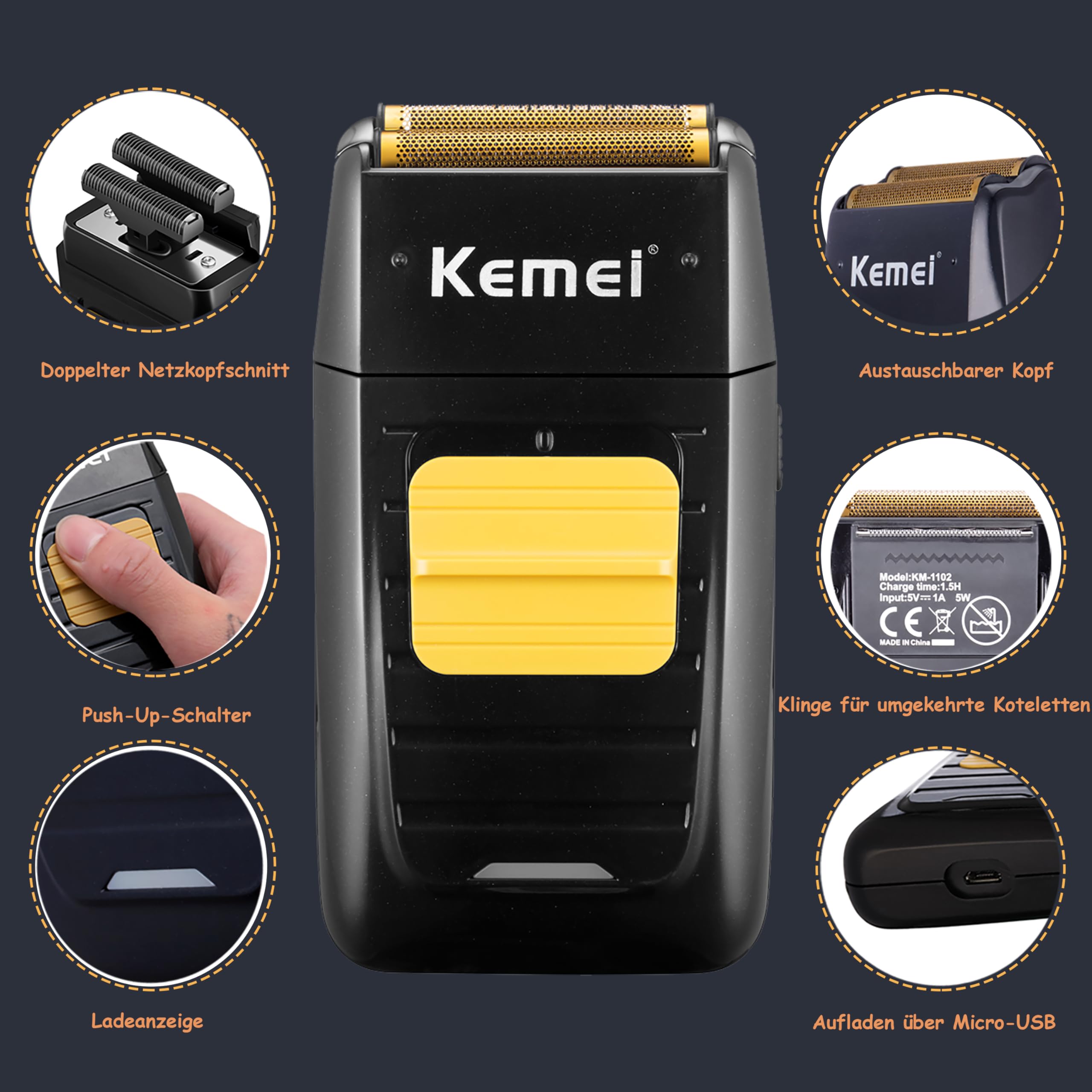 KEMEI Professionelle Haarschneidemaschine, Haar-/Bartschneider, Folienrasierer-Set für Männer, kabellose Haarschneidemaschine, elektrischer Rasierer mit Ersatzköpfen & Netzen, USB-Haarschneideset