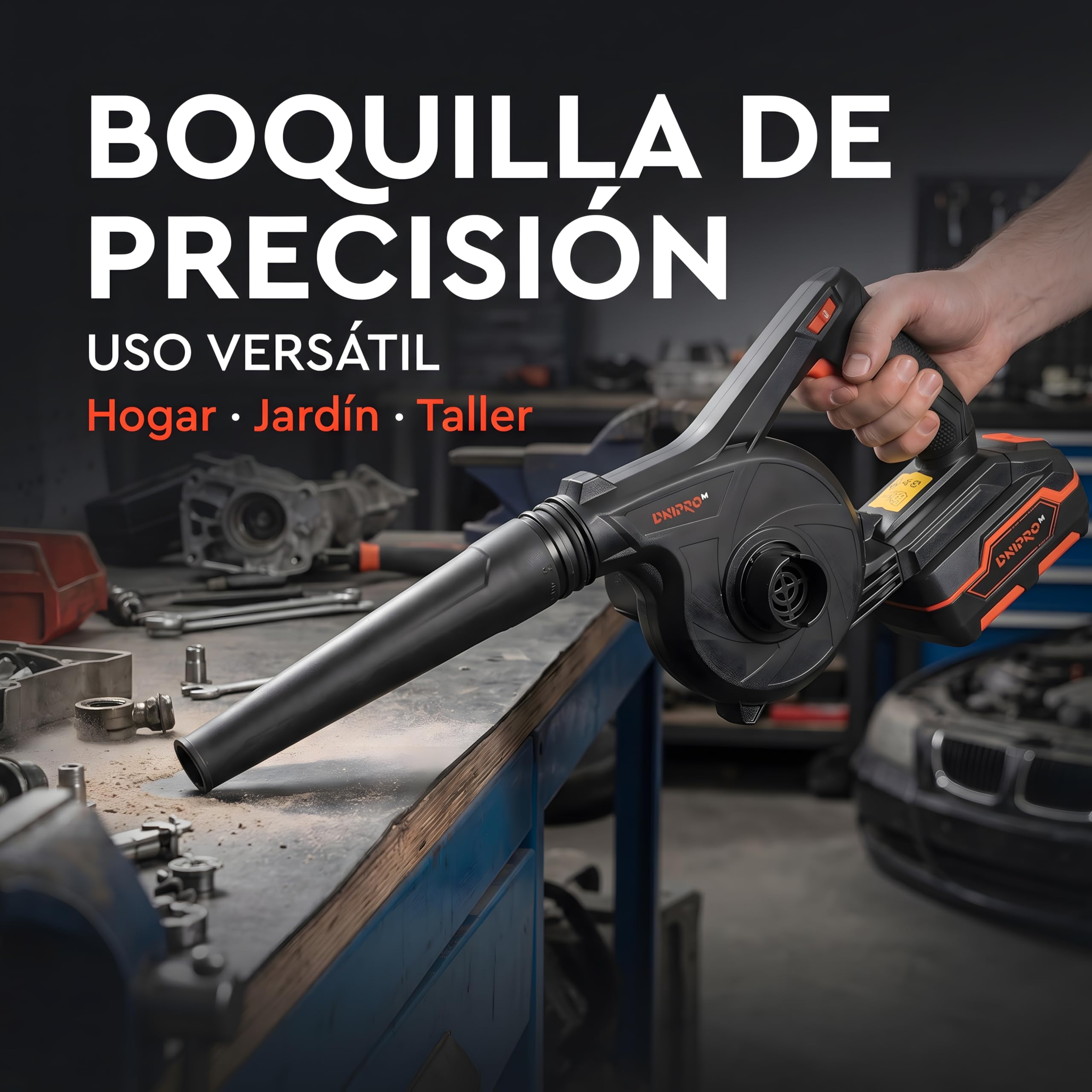 Soplador de Hojas a Batería 2 en 1 DVB-200 - Sopla Hojas, Hierba y Residuos del Jardín - Función de Aspiradora para Polvo y Suciedad Ligera - Solo 1 kg, Incluye Bateria 4Ah y Cargador- por Dnipro-M