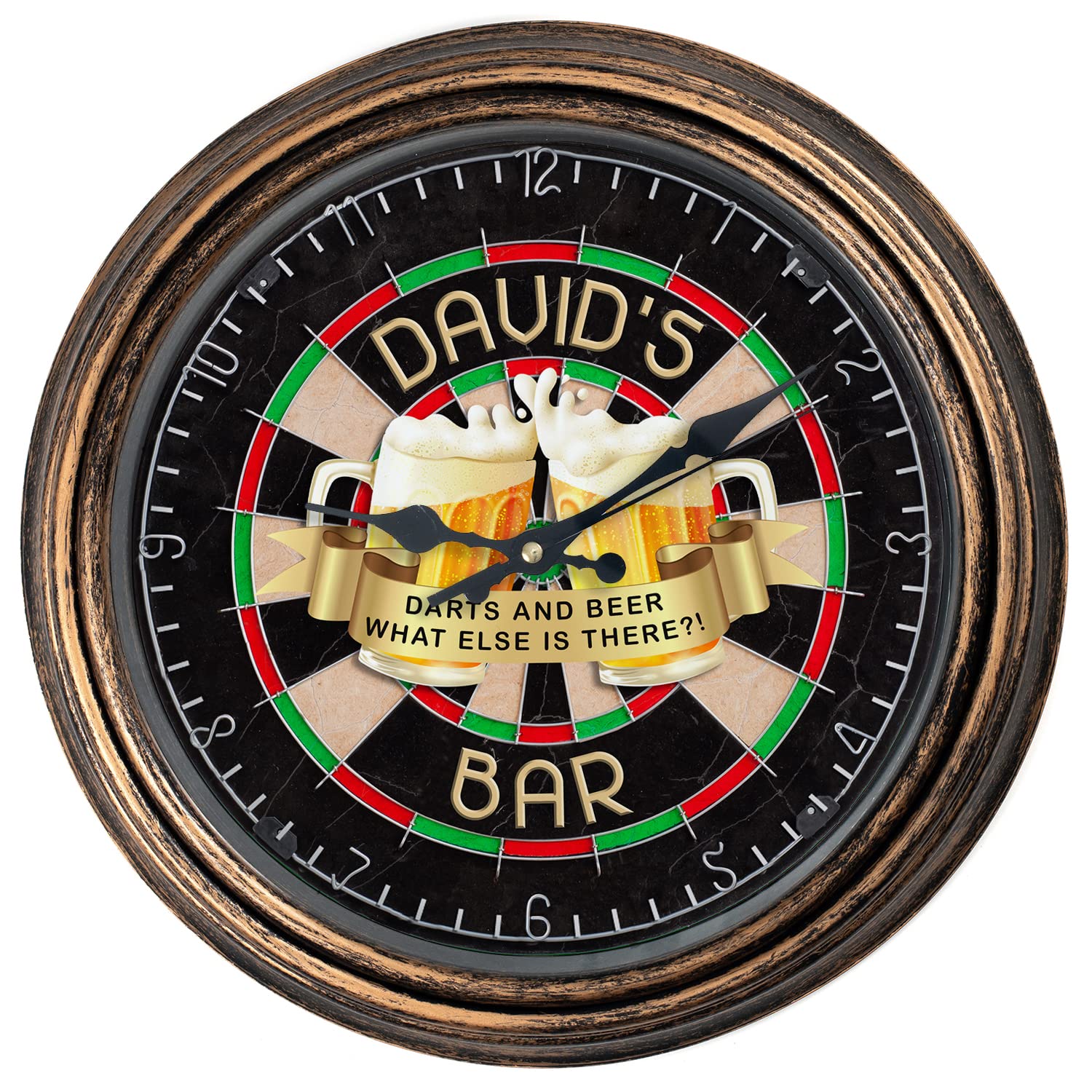 KRAFTYGIFTS Personalised Darts Bar Clock Round Hanging Glass Wall Man Cave Clock Mens Darter Birthday Outdoor Bar Gift KRC49 (Bronze)