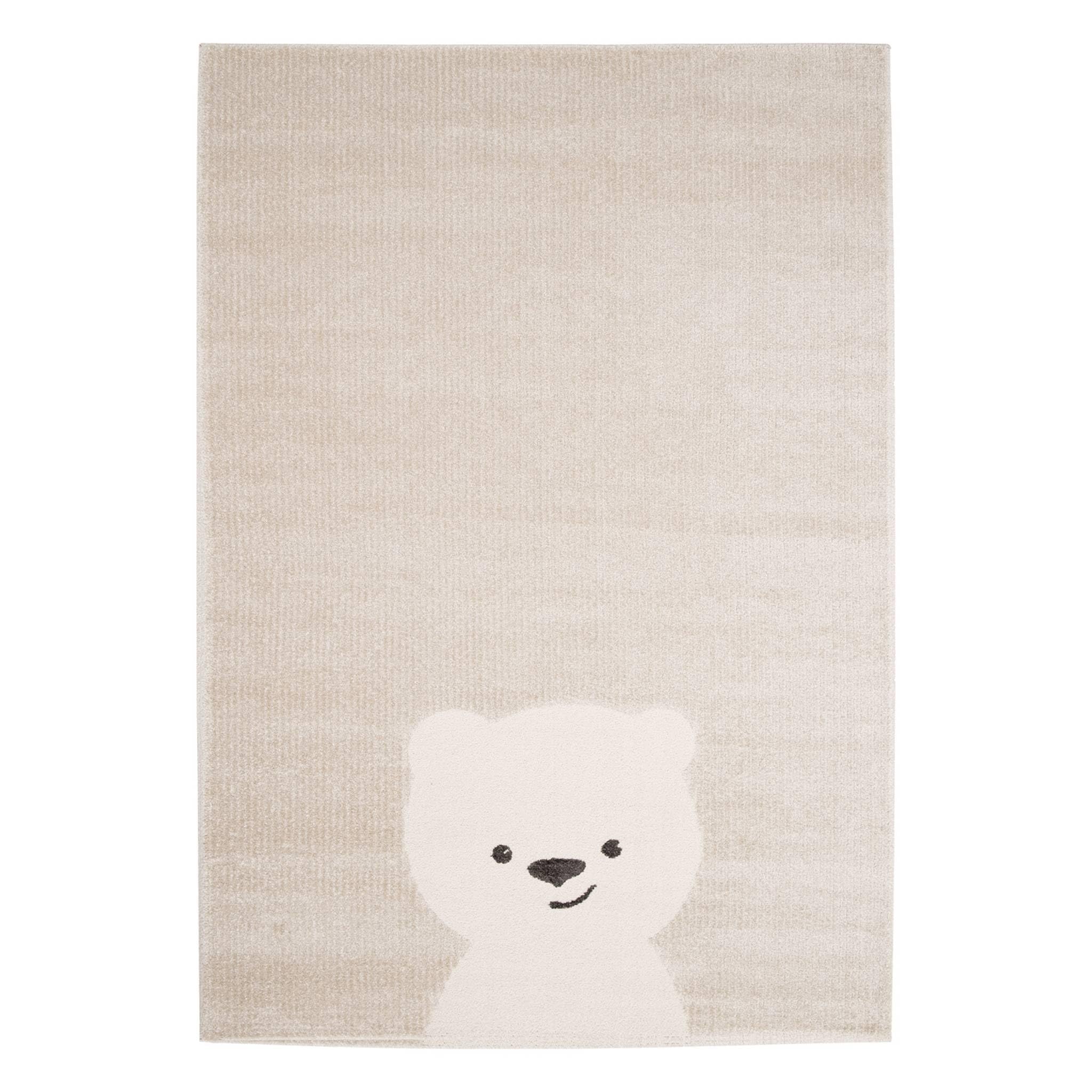 sweeek - Tapis Enfant 120 x 170cm Beige/Crème. Petit Ourson. Poils Ras. Tapis frisé très Doux