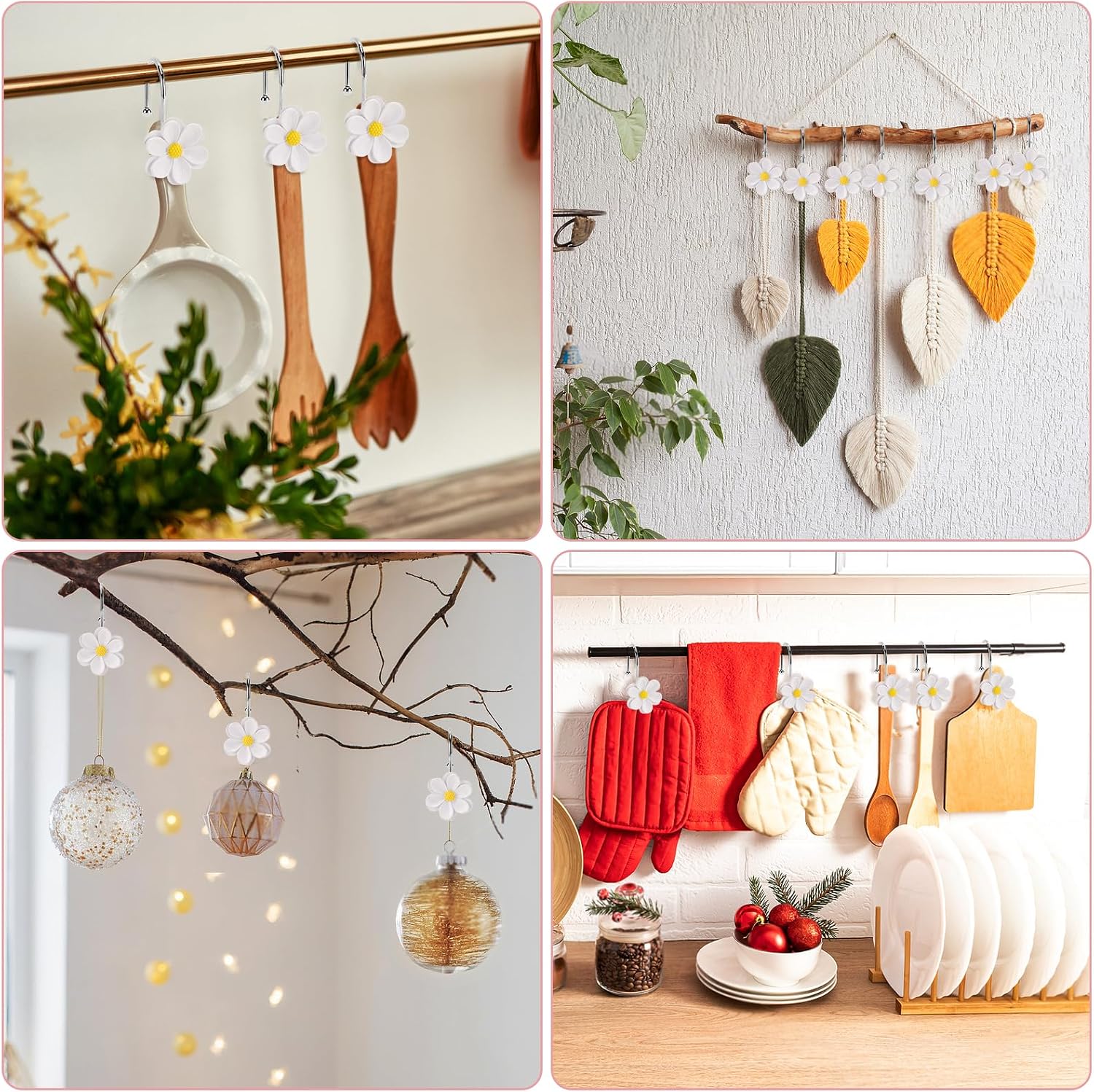 Flower Shower Curtain Hooks, 12 Pack Rustproof Stainless Steel Decorative, Bohemian Floral Bathroom Accessories for Curtain Rod and Shower Rod (Pure White) image 4