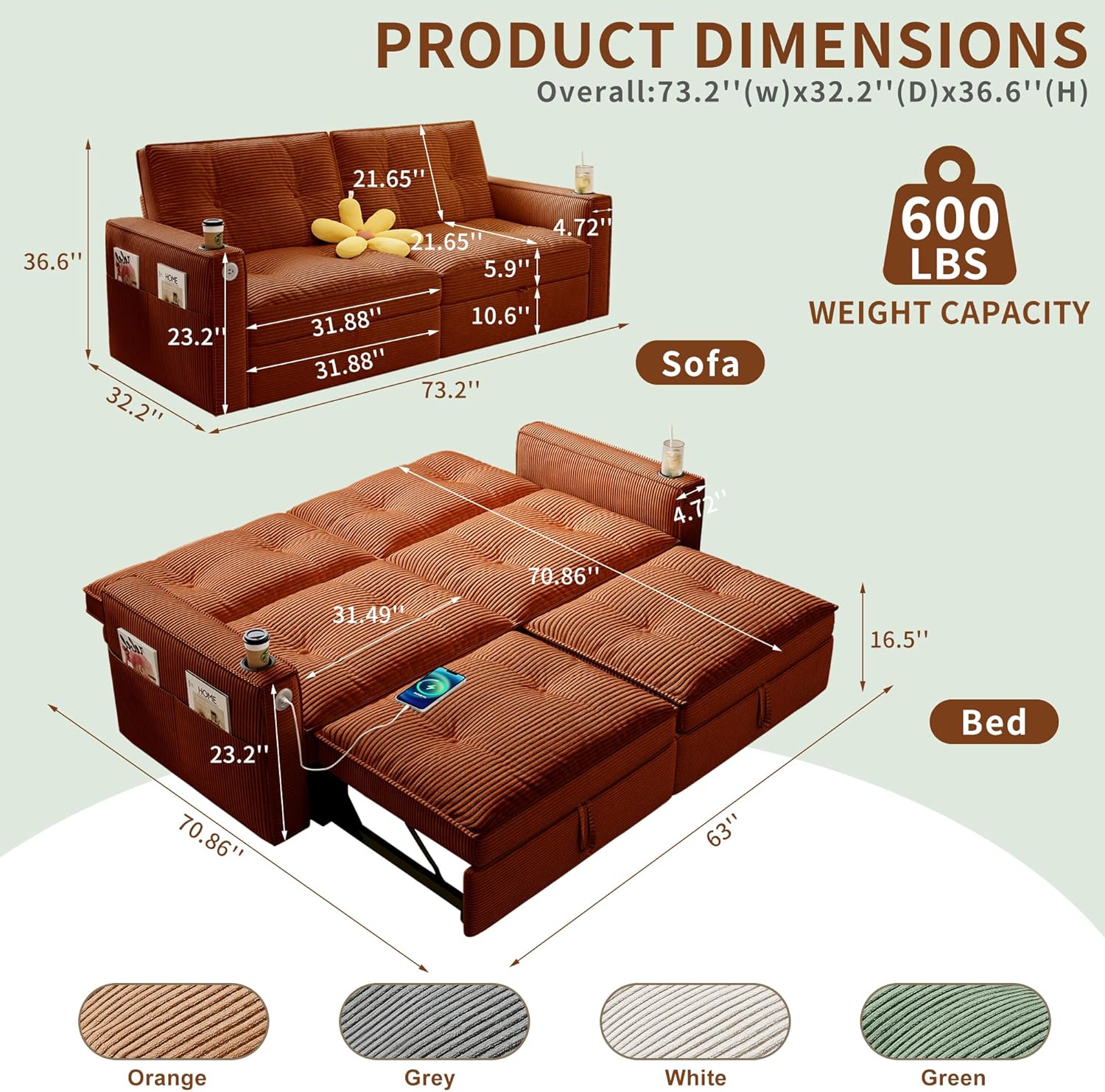 healthomse 73.2" Convertible Sofa Bed, 2-in-1 Multi-Functional Loveseat Sleeper, Modern Corduroy Couch with Side Pocket, for Living Rooms, Bedrooms, Apartments, Small Spaces (Orange, 73.2inch)