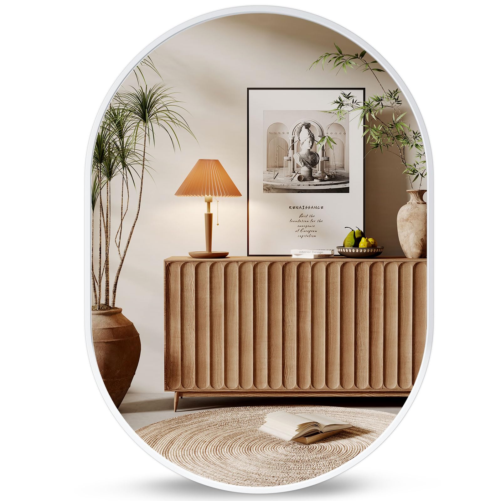 Dripex Espejo Redondo Pared, con Marco de Aluminio, Espejo Ovalado para Salón Recibidor Tocador y Baño, 50x70 cm, Blanco