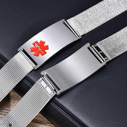 Miniatura 4 de Pulseras personalizadas de alerta médica para hombres, mujeres y niños, grabado gratuito, malla de acero inoxidable ajustable, pulsera de