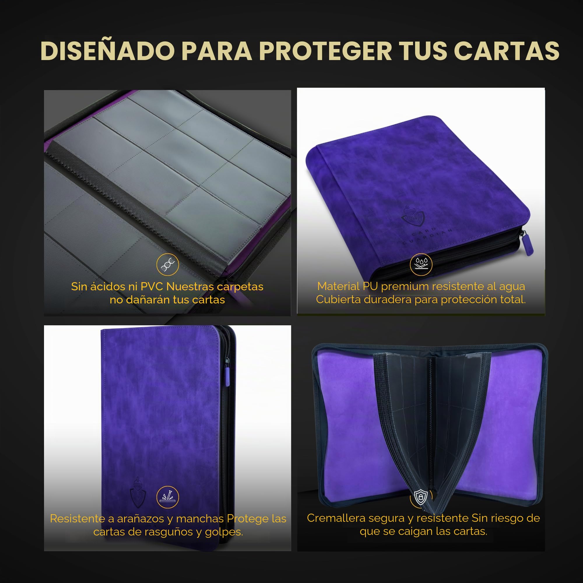 Card Guardian - Carpeta de 9 bolsillos con cremallera para 504 tarjetas, bolsillos laterales para juegos de cartas coleccionables TCG (morado)