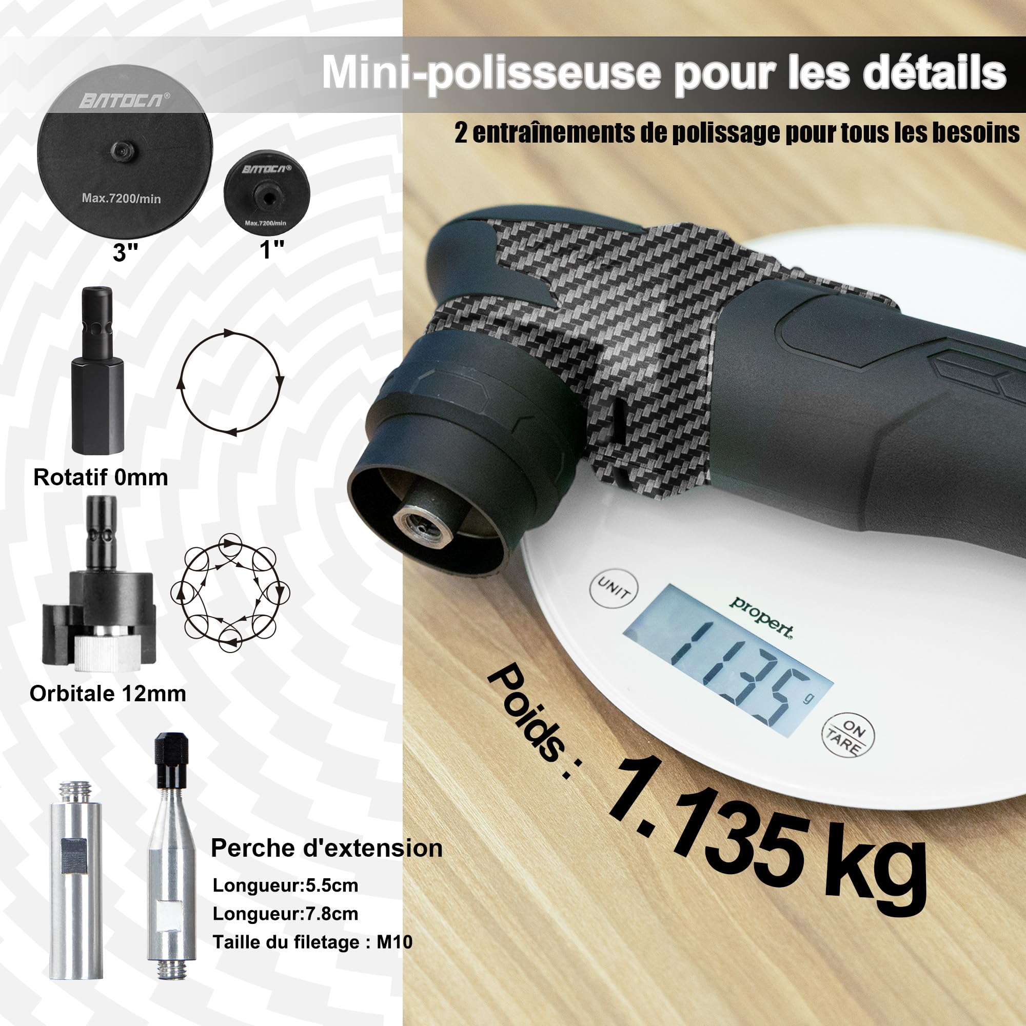 BATOCA S4 Professionnel Polisseuse Sans Fil,Moteur Brushless,DA/RO Polir | Mini/25mm/75mm Polisseur Voiture Set pour Détails,2.5Ah 12V Batteries,2000-5500tr/min,Lustreuse Polissage Cirage pour Phares