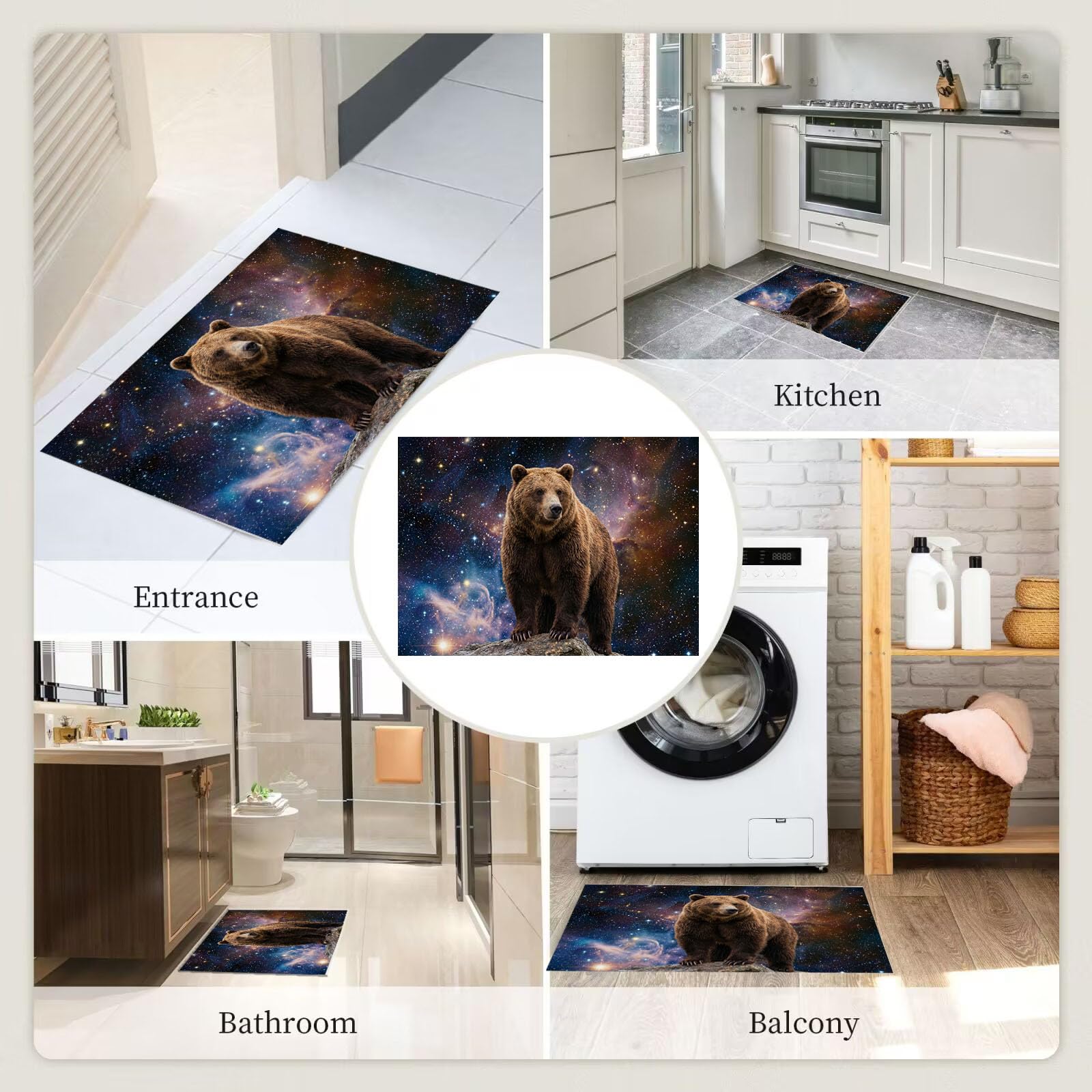 Zerbino Interni Feroce Orso Bruno 60X90Cm, Antiscivolo Lavabile, Tappeto Da Ingresso Misterioso Paesaggio Di Cielo Stellato, Tappetino Pelo Basso Antipelo Per Porta D’Ingresso, Blu Scuro