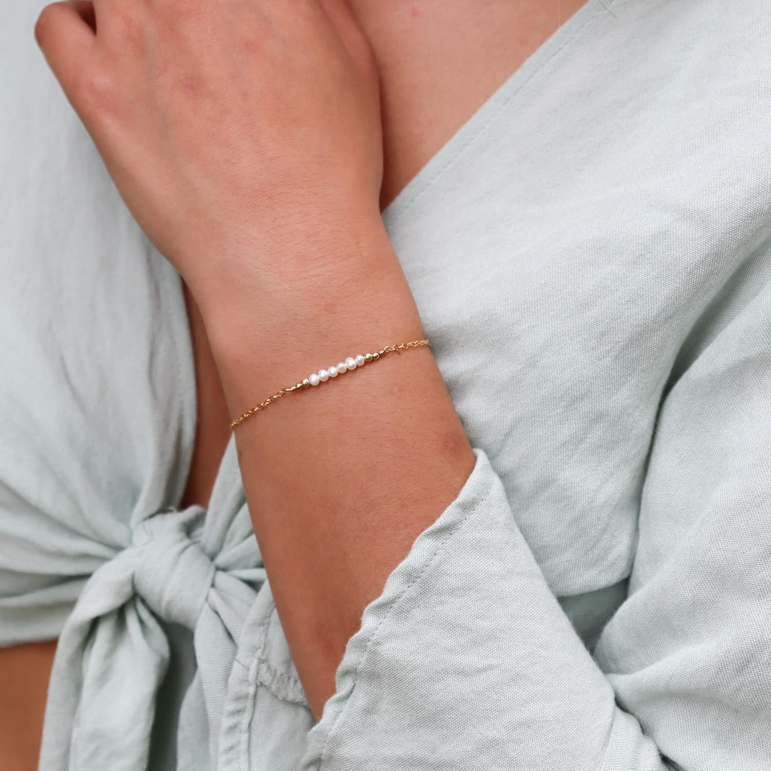 Luna Tide Tiny Sparkling Freshwater Pearl Faceted Bead Bar Bracelet in 14k Gold Fill
