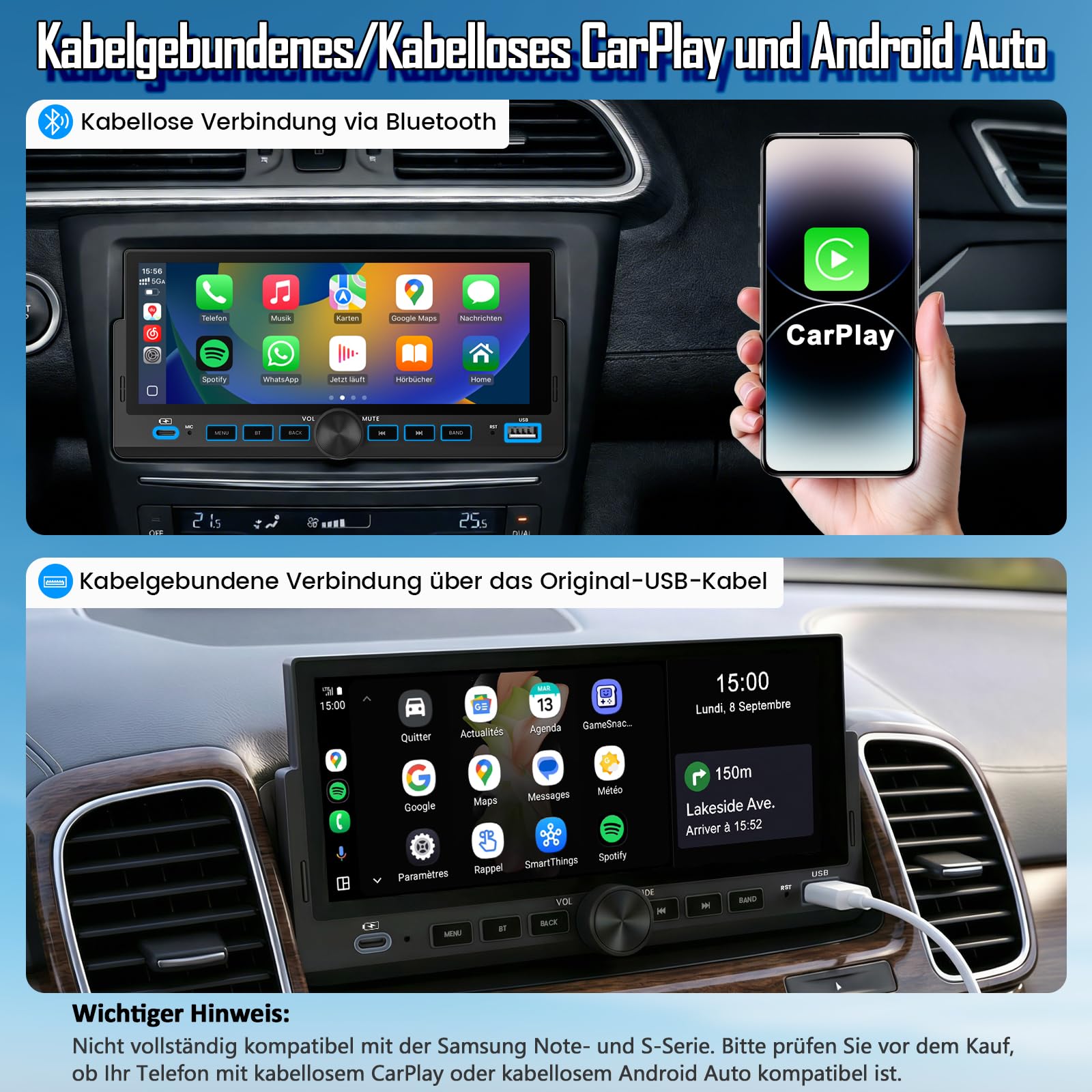 Autoradio 1 DIN mit Wireless CarPlay & Android Auto, Bluetooth Freisprecheinrichtung, FM Radio, Bildschirm, Lenkradsteuerung, MirrorLink, Aux-Eingang, Equalizer (6,86 Zoll mit Rückfahrkamera)