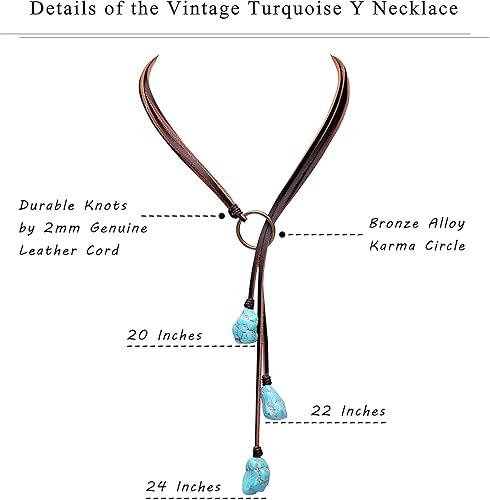 Miniatura 8 de PERNNLA PEARL Collar turquesa sintético bohemio hecho a mano joyería en forma de Y vintage con cuero marrón plano genuino