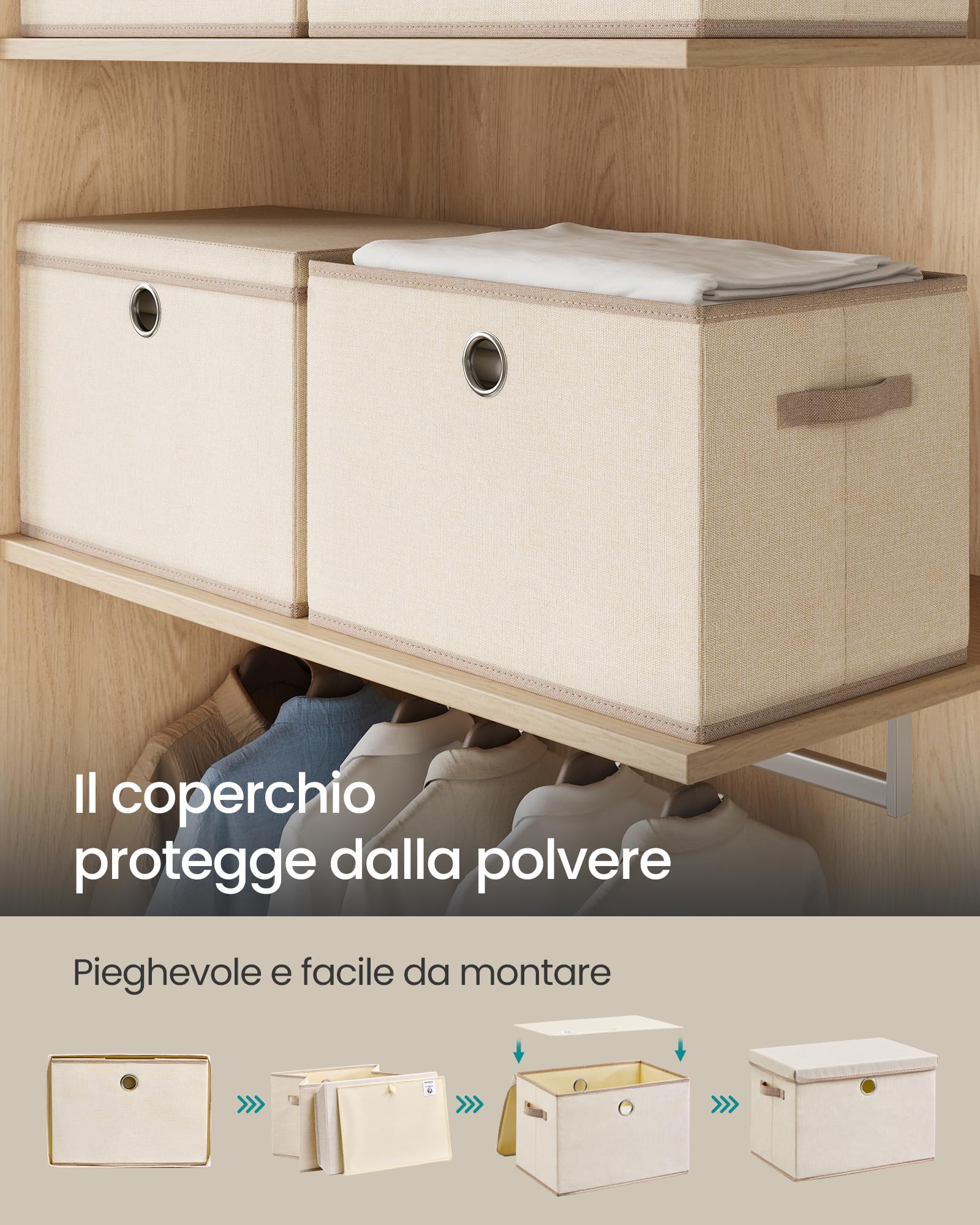 SONGMICS Scatole Portaoggetti con Coperchio, Set di 3 Contenitori in Tessuto, Pannelli Interni in PP Inodori, Pieghevoli e Impilabili, Maniglie, 43 x 30 x 30 cm, Beige Cappuccino RFB545LH01
