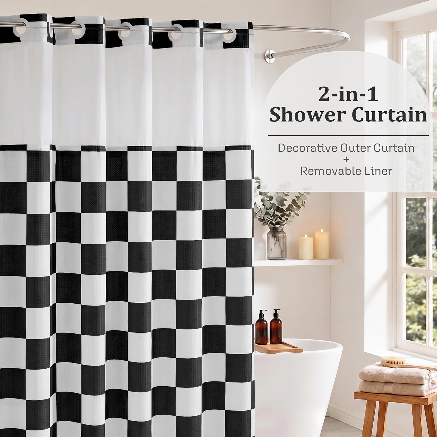 Checkered No Hook Shower Curtain and Liner Set, Black White Checkerboard Waffle Weave Heavy Duty Hookless Shower Curtains with Snap in Liner, Washable Bath Curtain 71’’x74’’