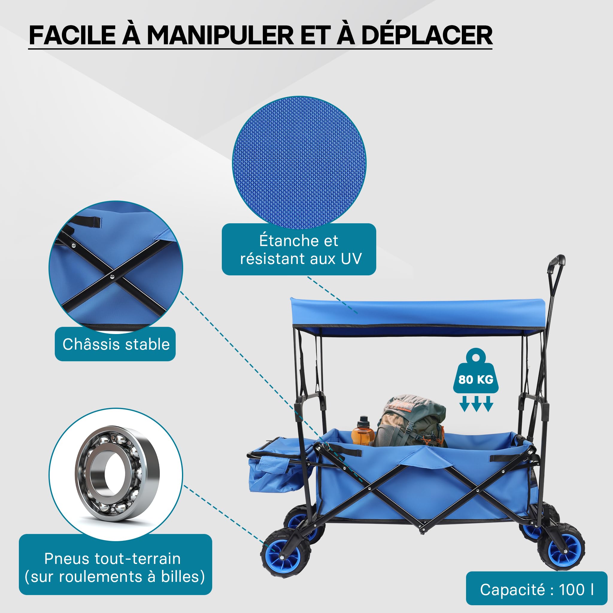 Wiltec Chariot Transport Pliant Enfant 1170x570x1170 mm 70 kg Auvent Roues Plastique Poignée Ergonomique Diable Charette Main Plage Pique-Nique Tout Terrain