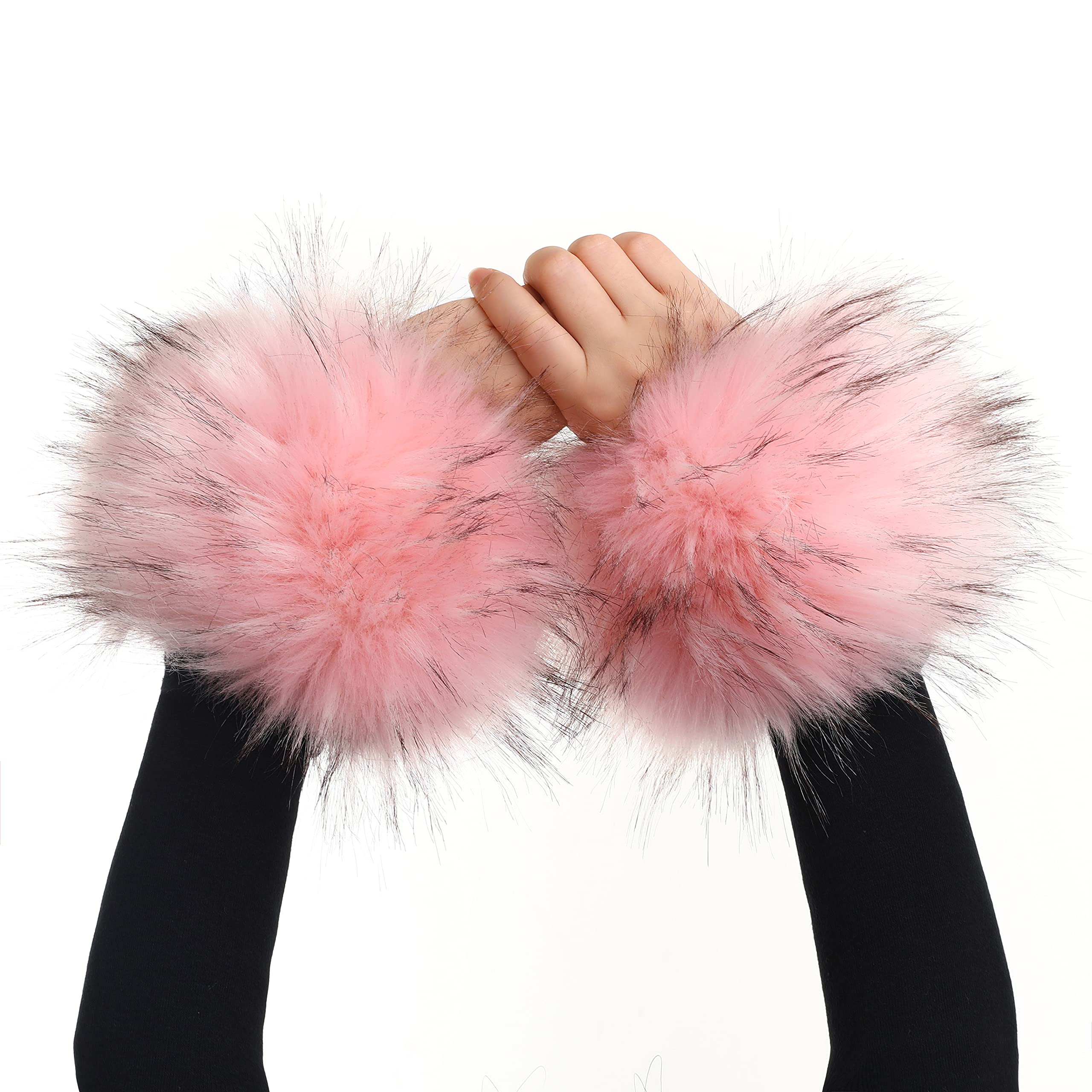 Faux Fur Wrist Cuffs- Winter Furry Bands Fox Fur Wrist Warmer,Arm Warmer, Leg Warmer, One Pair, Pink Raccoon, One size