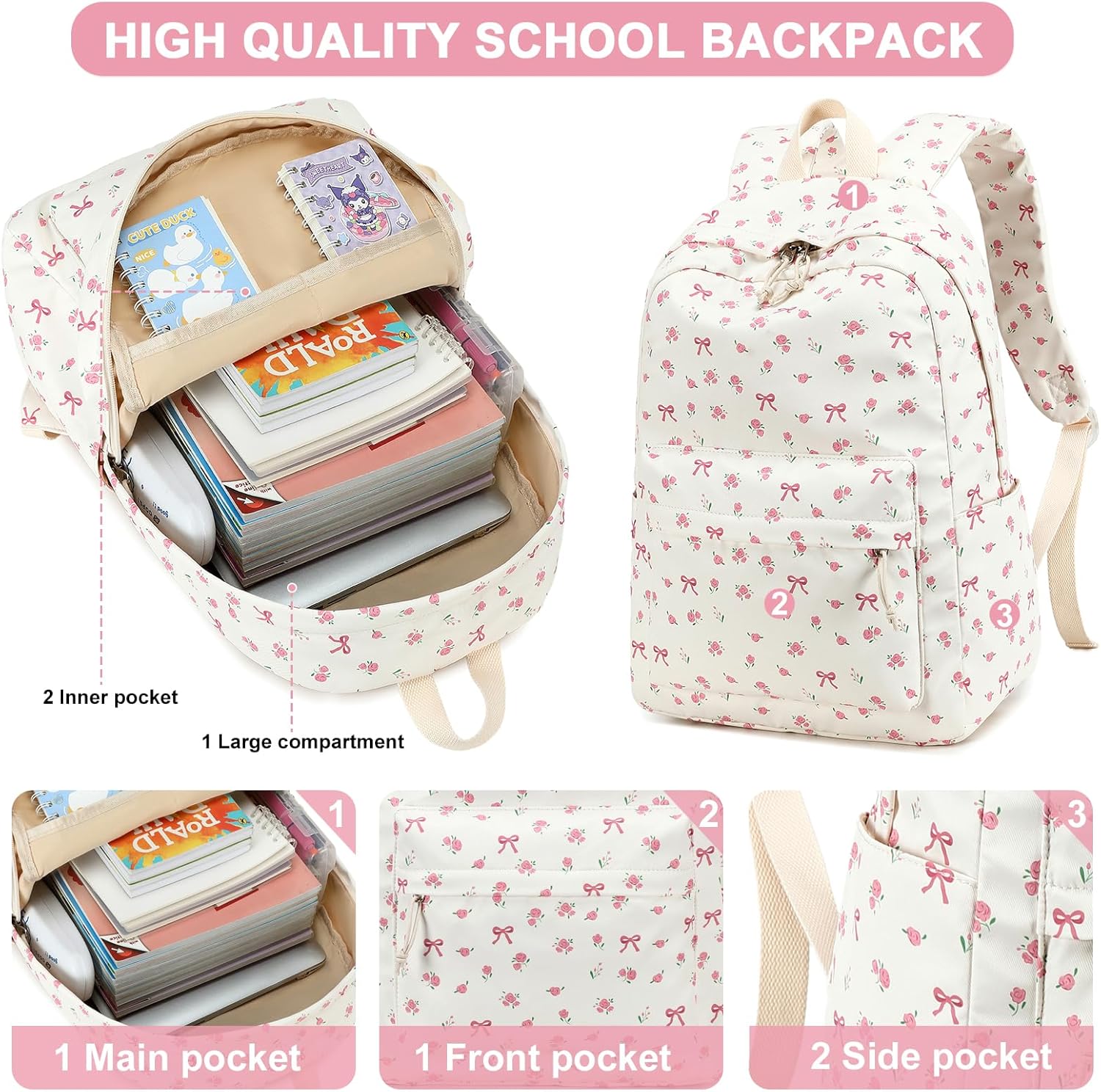 LOIDOU Backpack for Girls School Backpacks Bookbags for Elementary Middle School Women Laptop Backpacks (conquette white) - Image 4