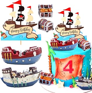 Pirate Ship Cake Topper Nautical Sailboat Model Decoration Set Gold Coins and Pirate Gems Pirate Treasure Chest Compass for Kids Pirate Birthday Party Supplies Pirate Cake Decoration