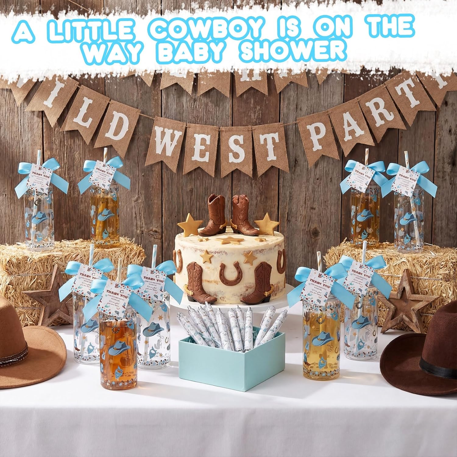 Honeydak 25 Set My First Rodeo Western Cowboy Party Favor Gift for Guest 14.2oz Reusable Plastic Cups with Lids Straws Ballpoint Pens Cards for Cowboy 1st Birthday Baby Shower Party
