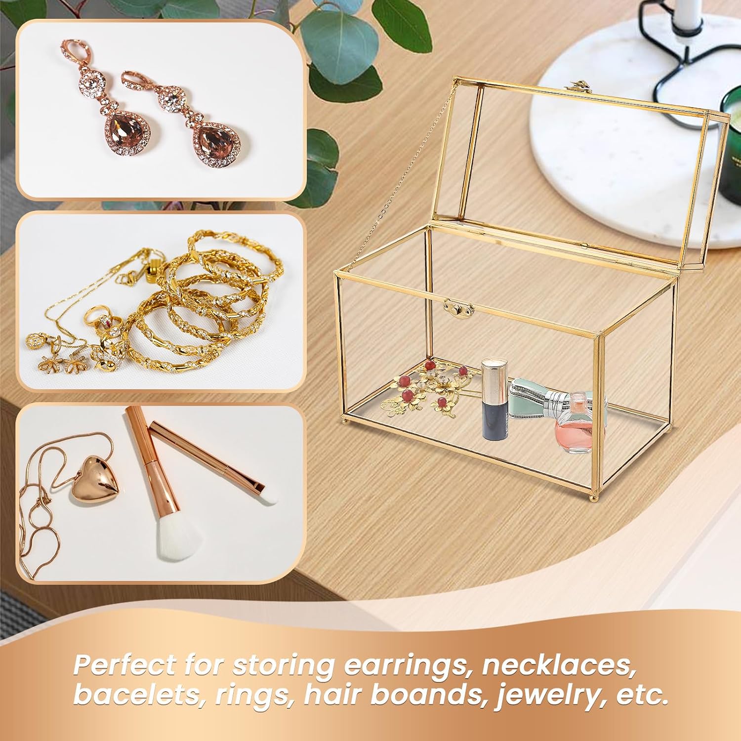 Large Capacity Golden Vintage Glass Keepsake Box | Wedding Card Box Glass Jwelry Lidded Box Decorative Box for Display,Clear Rectangle Box Rings Bracelet Earring Organizer (10 x 5.7 x 7.8inch)
