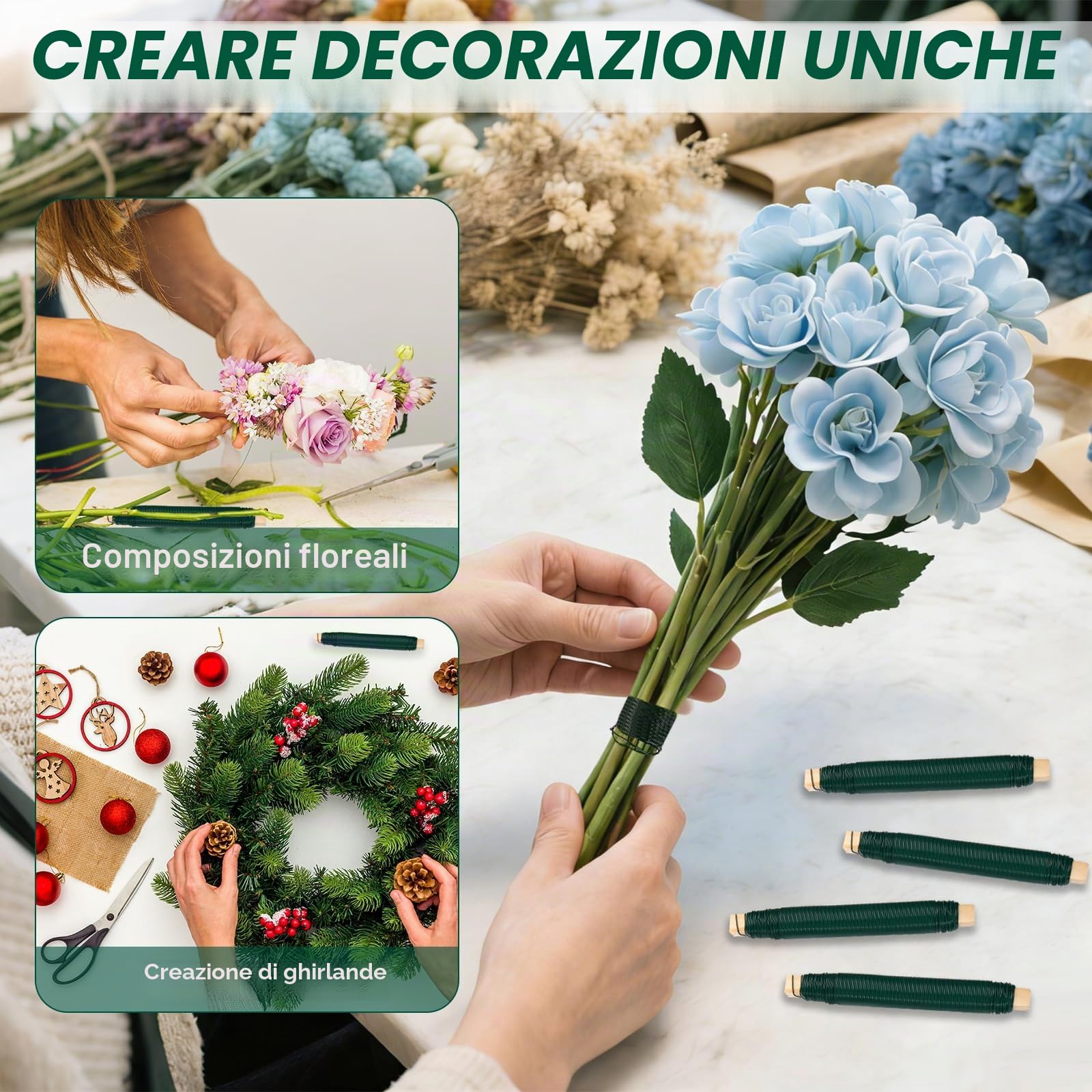 Filo di Ferro Verde per Fiori Set 6 pezzi – 0,70 mm x 35 m Fili per Avvolgere Fiori, Filo Zincato Sottile per Bricolage e Giardinaggio su Rocchetto in Legno, per Fissare Piante, Fiori