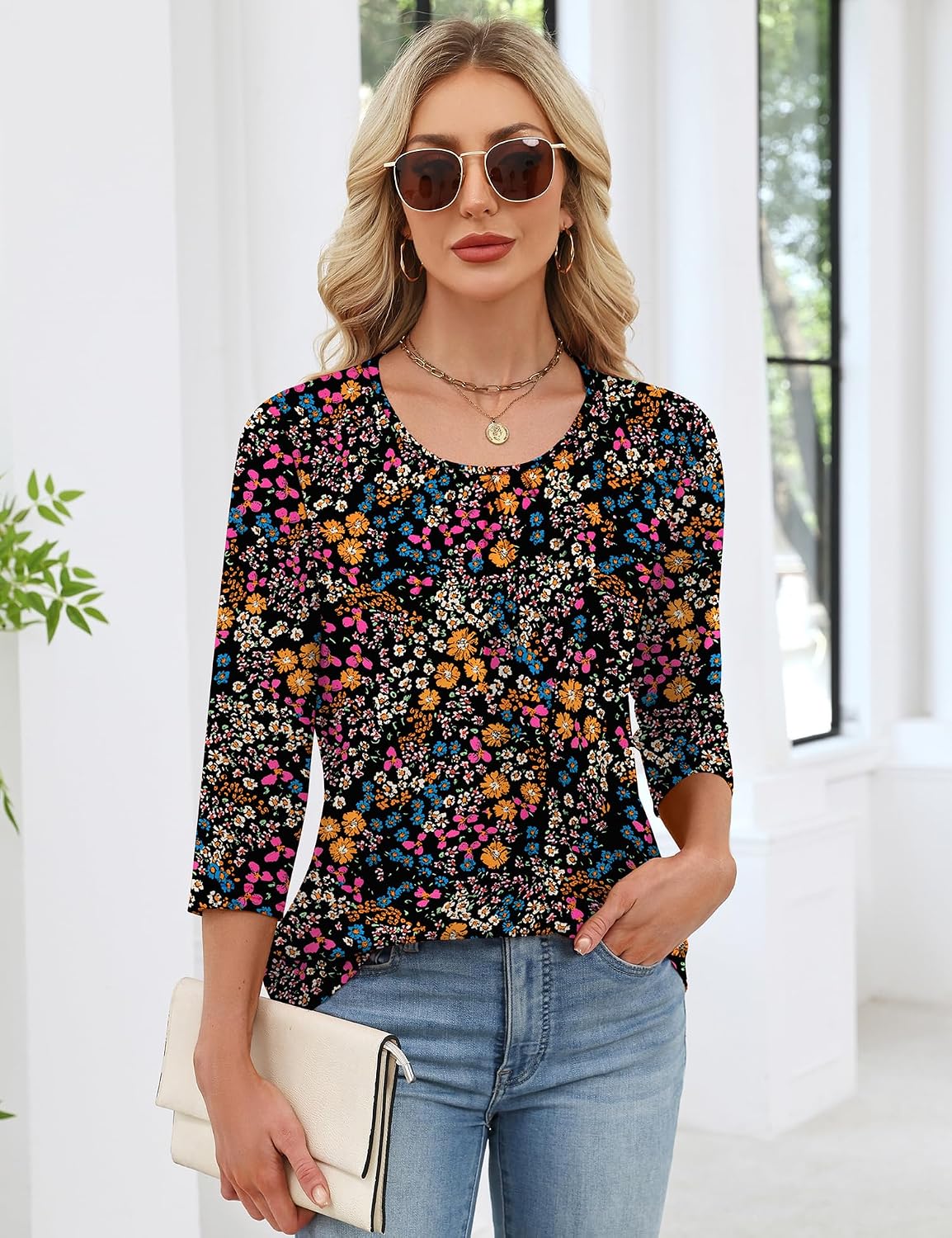 LOMON 3/4 Length Sleeve Womens Tops Summer Casual Pleated Crew Neck Blouses Loose Fit Tunic Shirts