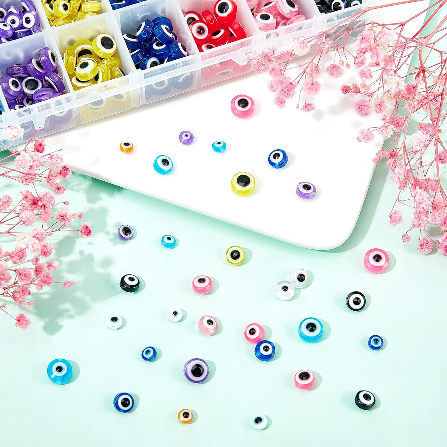 NBEADS 720 Pcs Resin Evil Eye Beads, 3 Sizes Flat Round Evil Eye Beads Colorful Resin Charms Evil Eye Loose Spacer Beads for DIY Jewelry Making