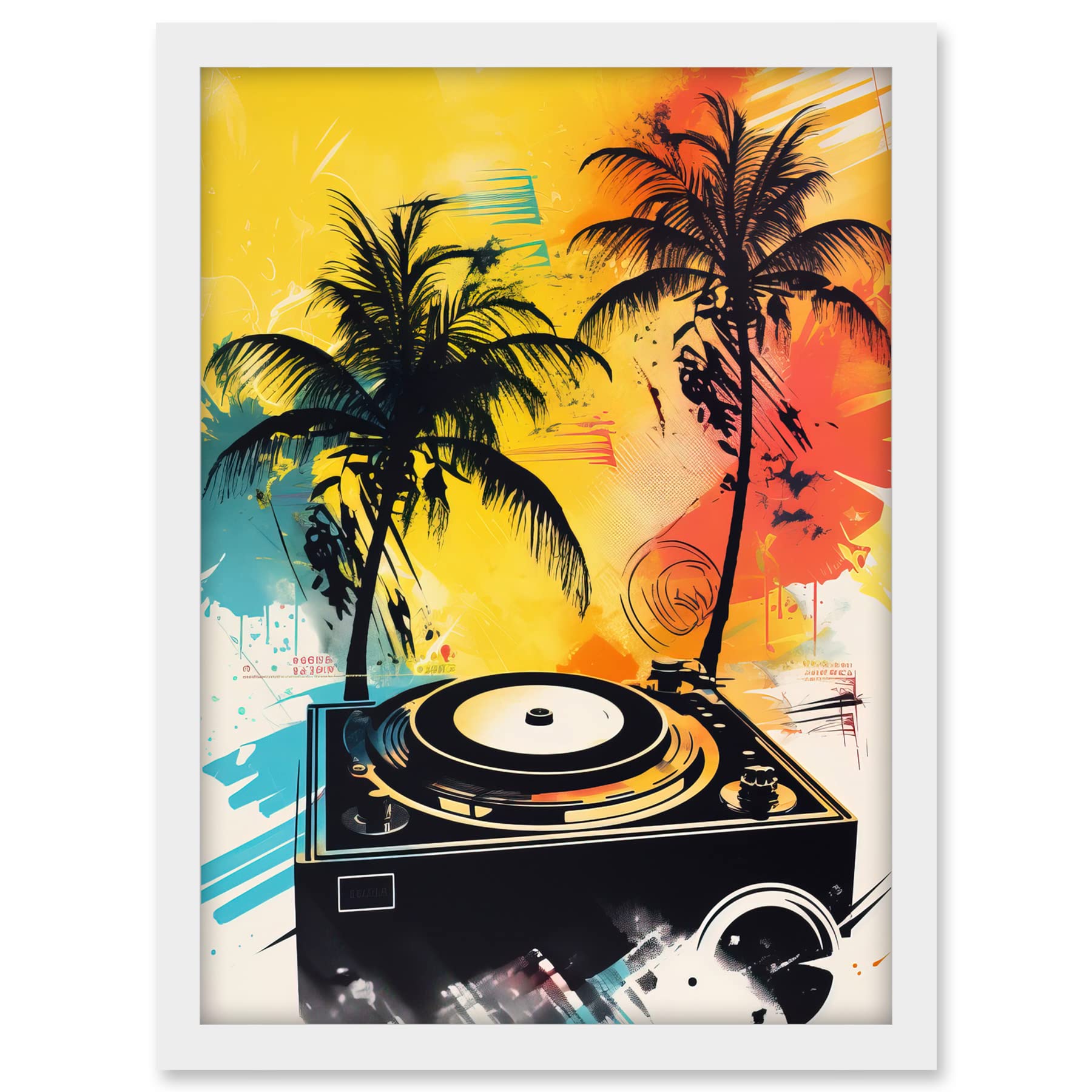 Artery8 Music Under Palm Trees Tropical Beach Party Modern Watercolour Painting Artwork Framed A3 Wall Art Print