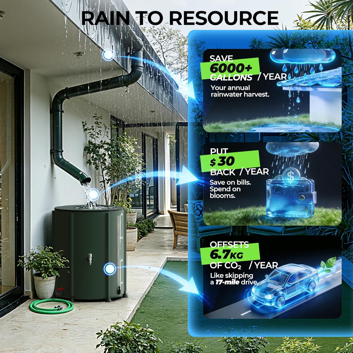 SKM Collapsible Rain Barrel, PVC Rain Water Collection System and Water Tank for Outdoor/Garden/Lawn, Portable Rain Water Collection Barrel Container with Spigots & Overflow Kit, 53Gallon, Green