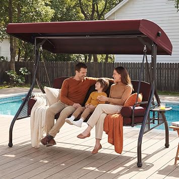 3 Seat Outdoor Porch Swing with Adjustable Canopy,2 in 1 Patio Swing Bed with Stand 800lbs for Adults,Outdoor Swing with Removable Cushion, Cup Holder &4 Pillow for Backyard, Porch, Garden,Red