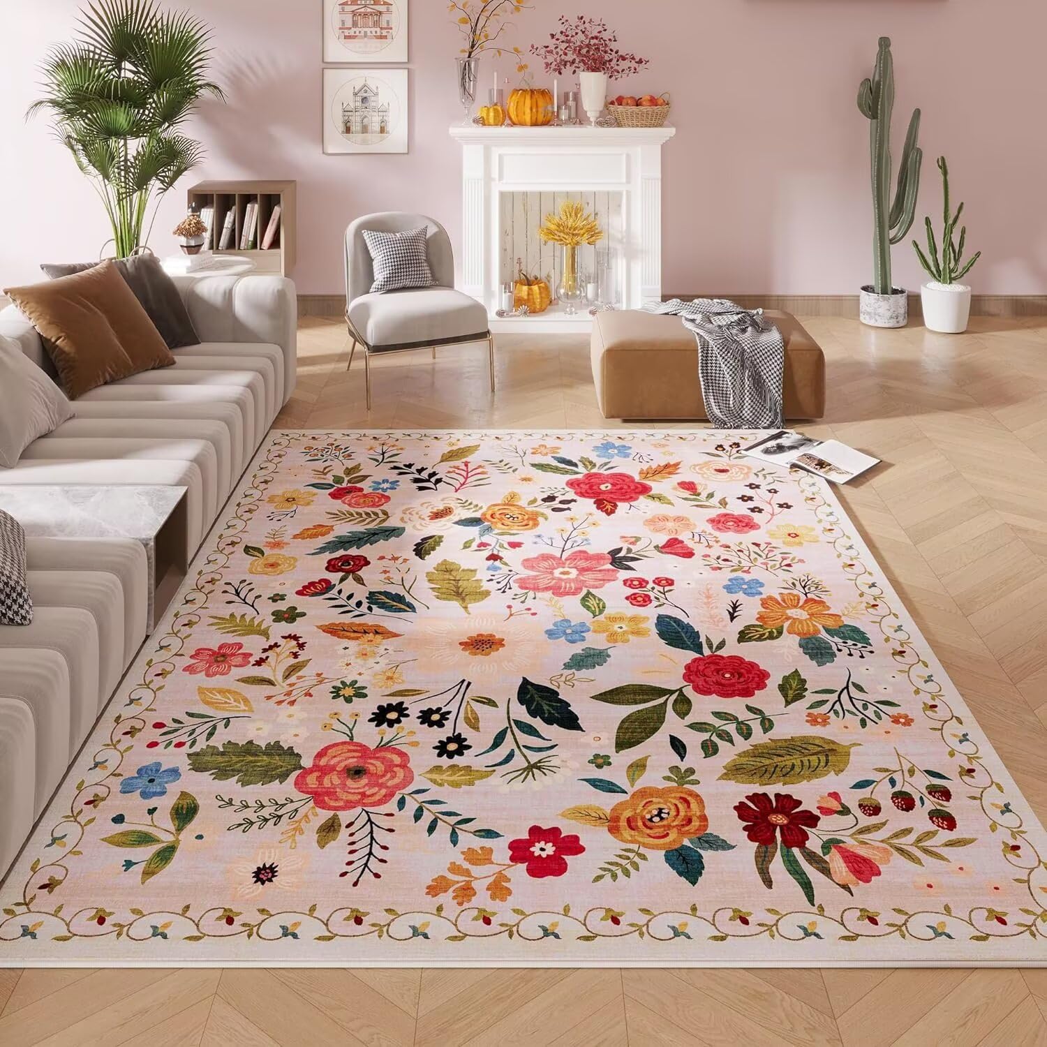 Tapis salon 160x230 cm beige vintage lavable et antidérapant