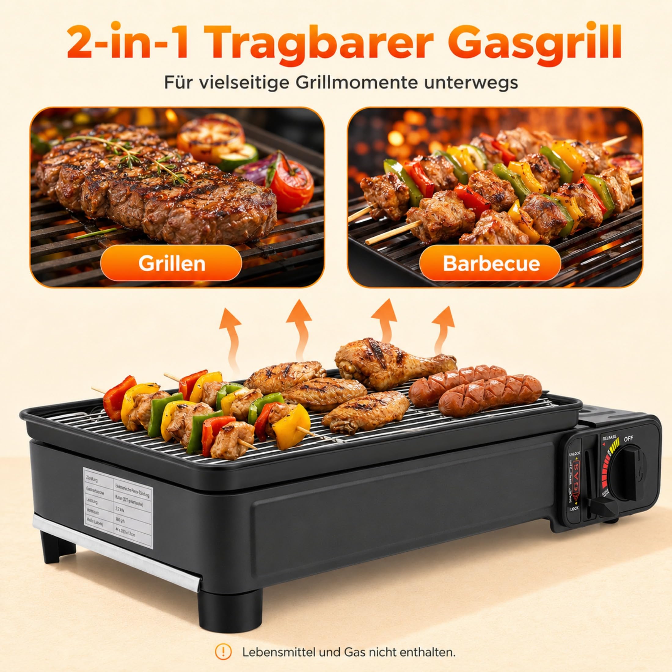Camping grill gazowy 2,2 kW, przenośny, z 2 rusztami i torbą do przenoszenia, stołowy grill gazowy z zapłonem piezoelektrycznym i tacką na tłuszcz, kuchenka gazowa 2 w 1 na kartusze i butle gazowe